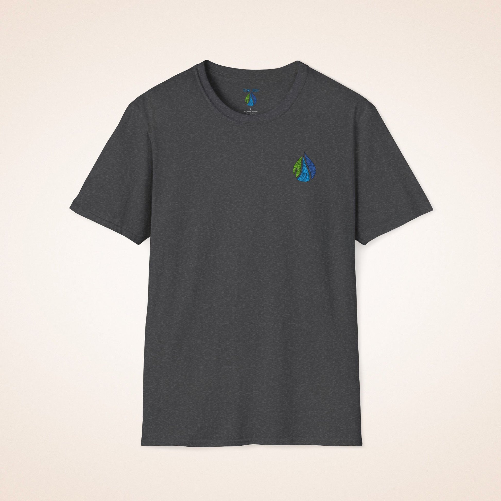 Gray t-shirt with Island Drops logo on the front chest and 'BOARD MEMBER' text and colorful surfboard icons on the back - Island Drops t-shirt collection | Unisex t-shirts
