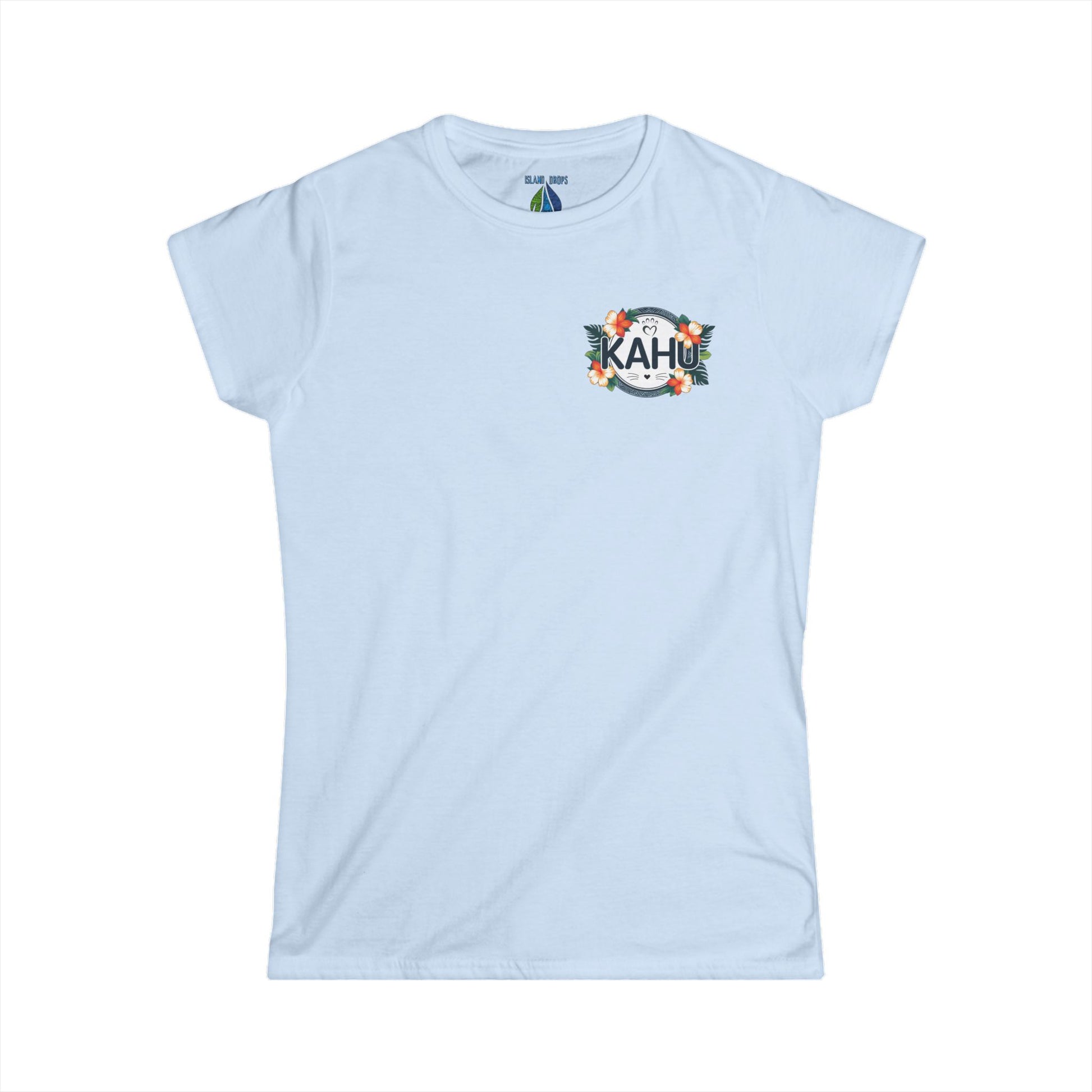 Light blue women's t-shirt with a graphic KAHU design with flowers and paw prints  - Island Drops women's t-shirt collection | Women's cut t-shirt