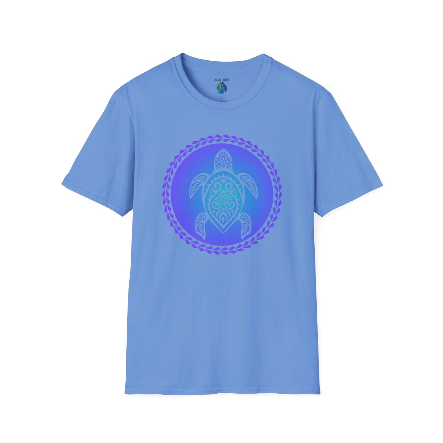 Light blue t-shirt with a gradient blue turtle graphic design and tribal patterns  - Island Drops t-shirt collection | Unisex t-shirts