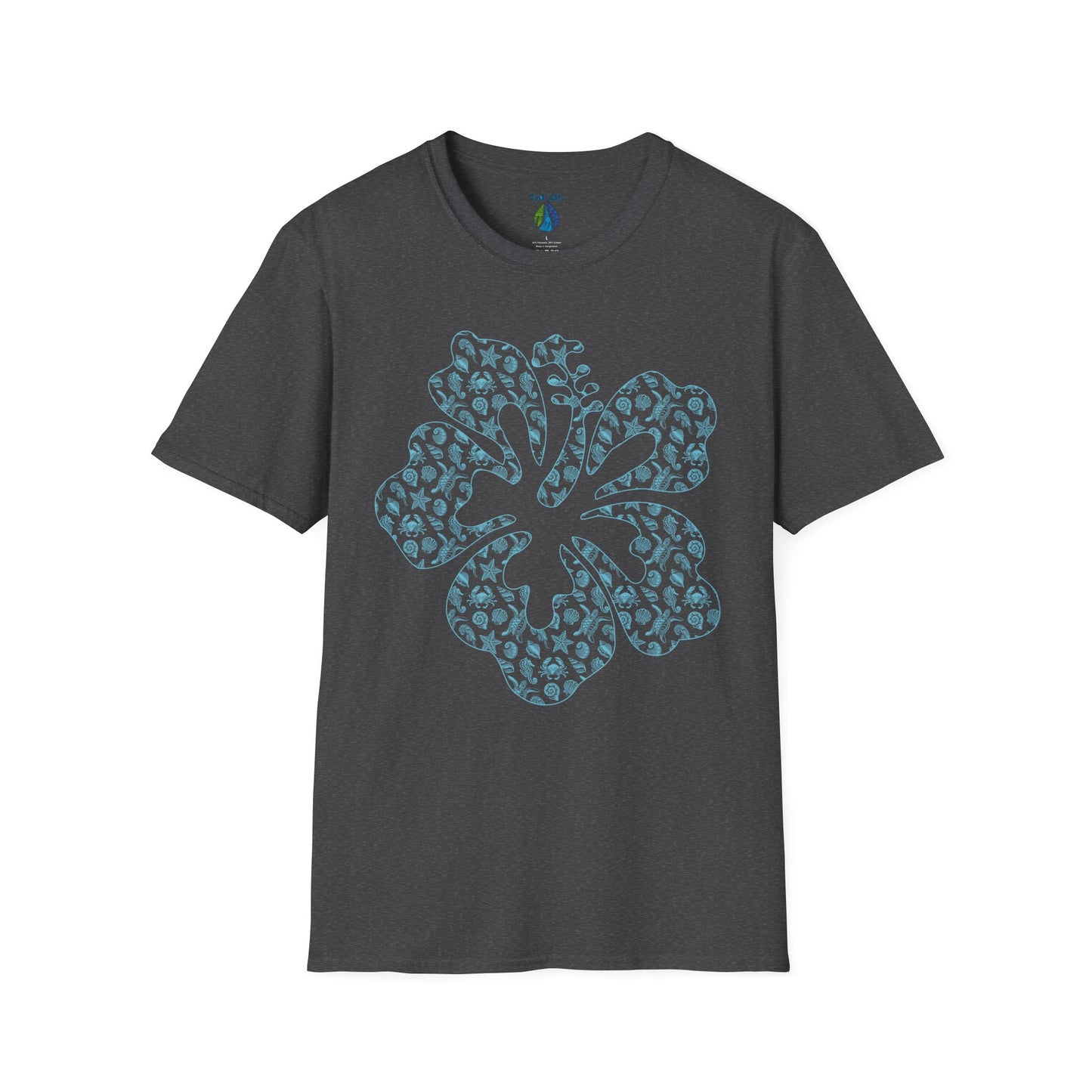 Gray t-shirt with a stylized hibiscus graphic design - Island Drops t-shirt collection | Unisex t-shirt