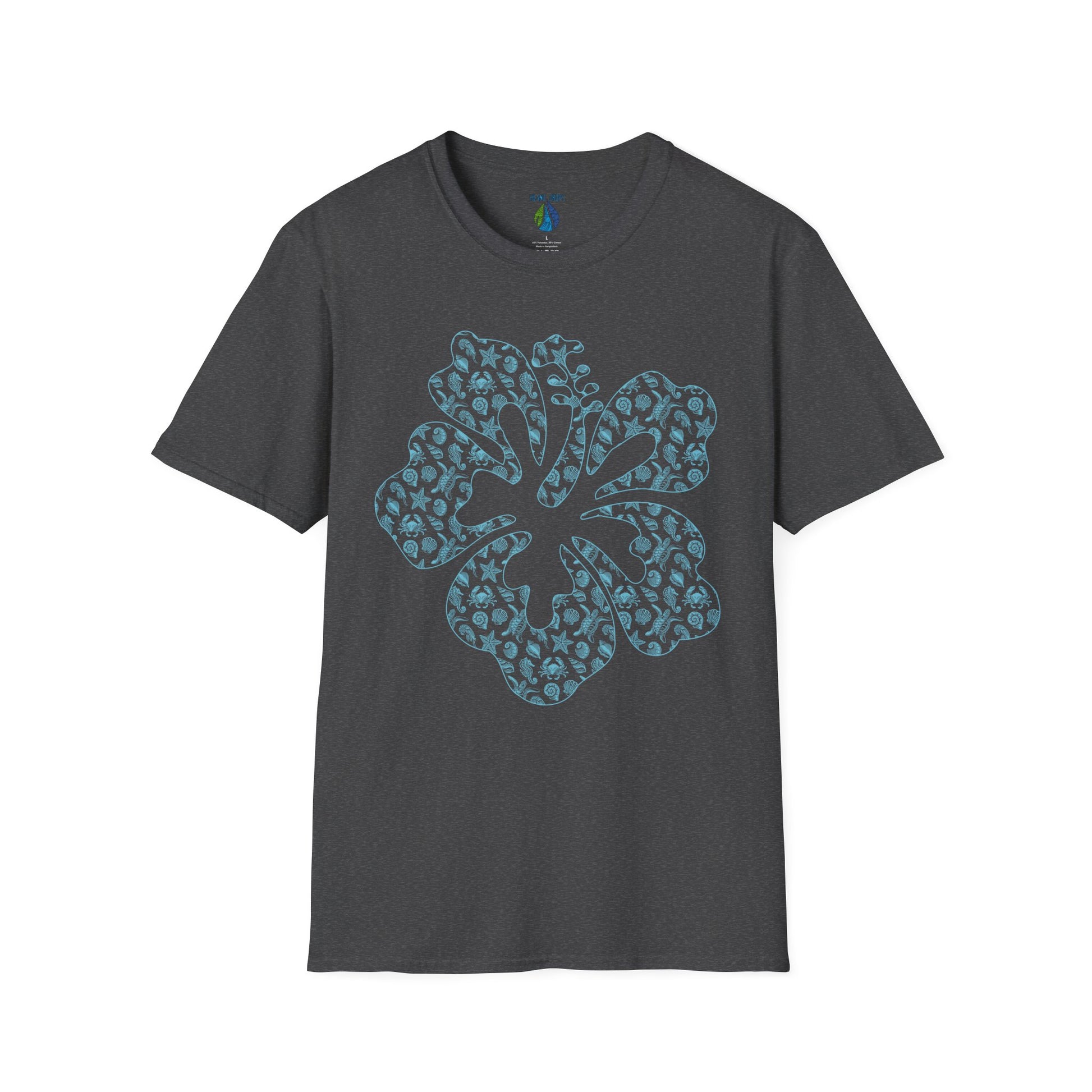 Gray t-shirt with a stylized hibiscus graphic design - Island Drops t-shirt collection | Unisex t-shirt