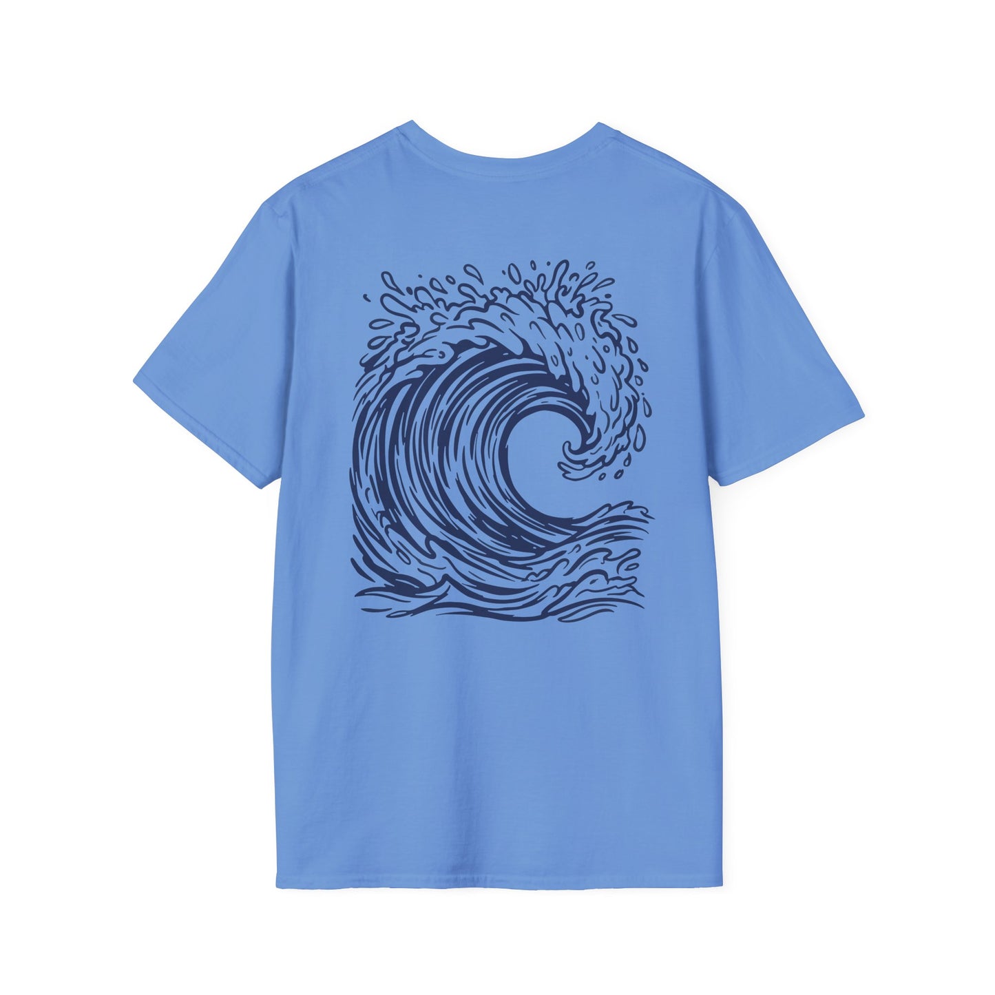 A light blue short-sleeve t-shirt with a dark navy blue wave graphic printed on the back, displayed against a solid white background.