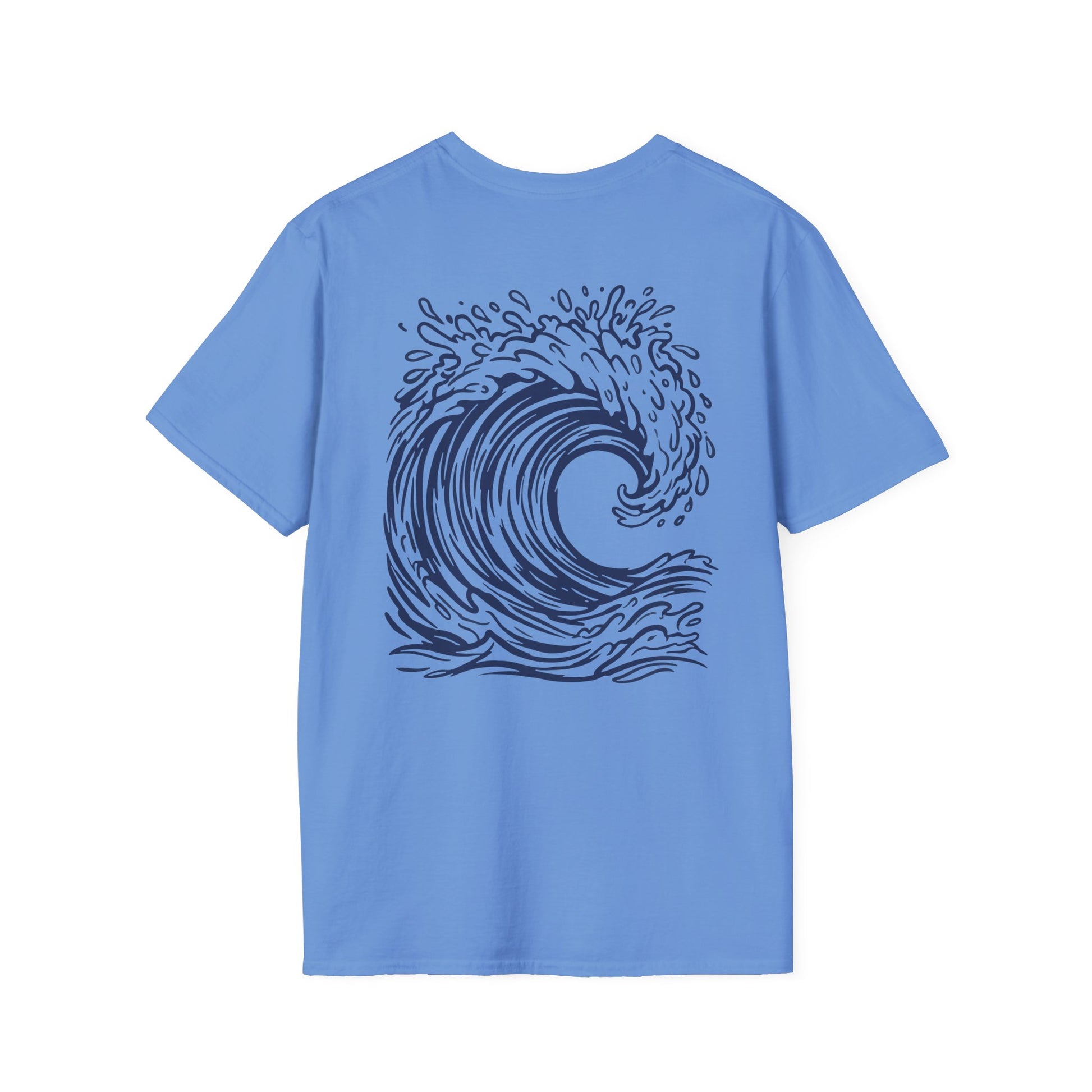 A light blue short-sleeve t-shirt with a dark navy blue wave graphic printed on the back, displayed against a solid white background.