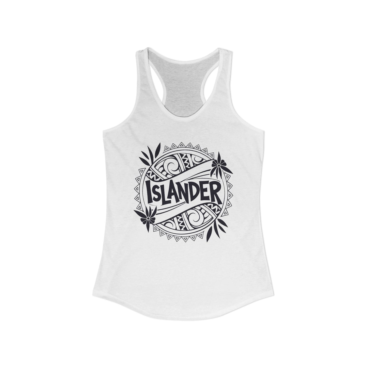 White tank top with 'ISLANDER' graphic design- Island Drops tank tops collection | Women's racer back tank
