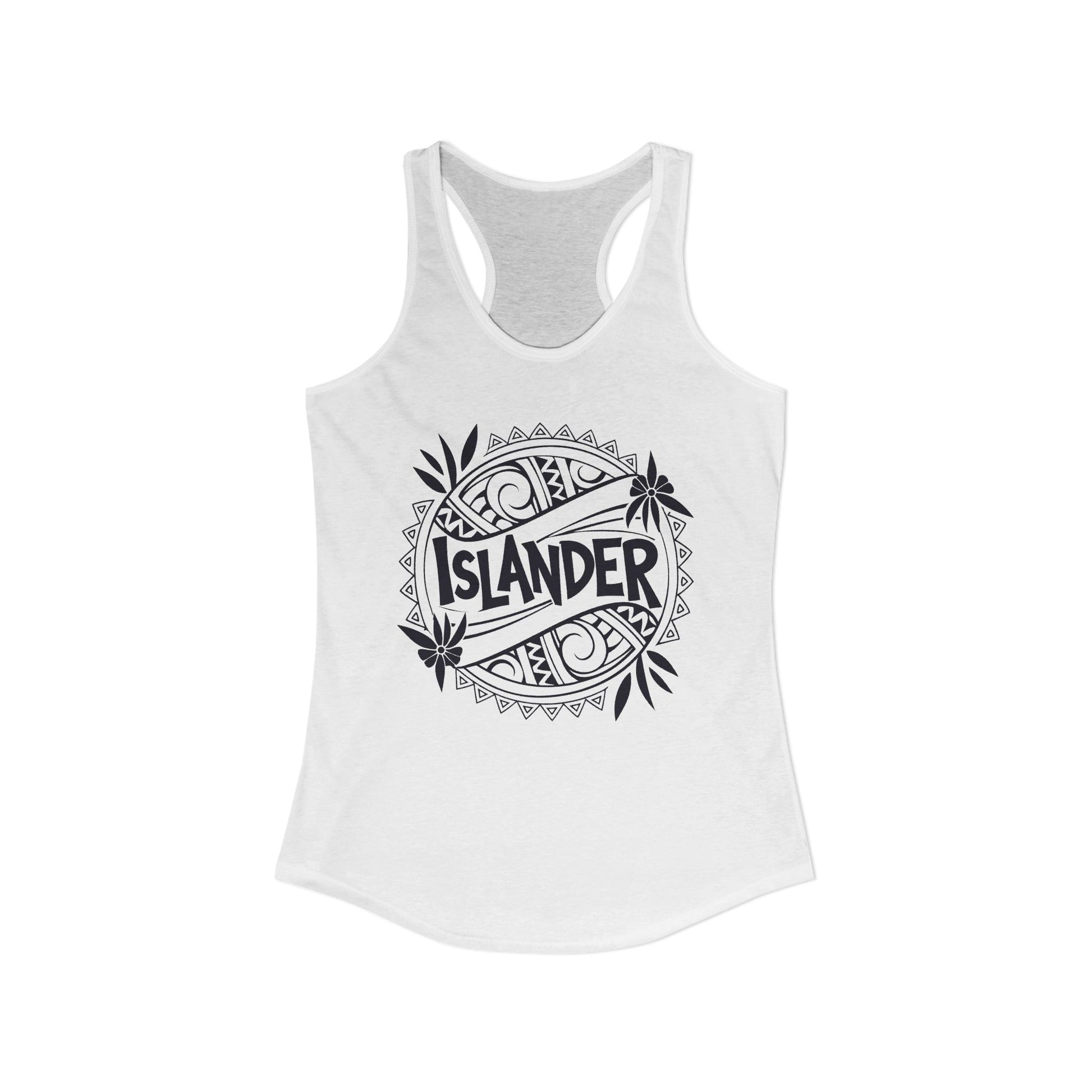 White tank top with 'ISLANDER' graphic design- Island Drops tank tops collection | Women's racer back tank