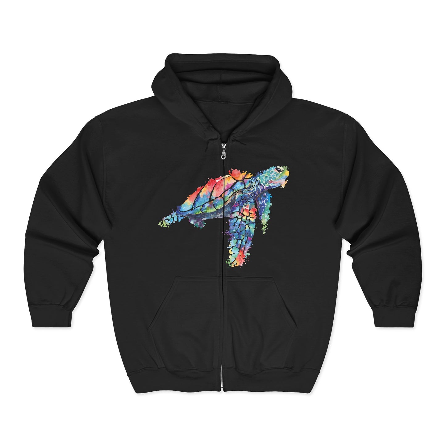 Black full zip hoodie with a stylized watercolor turtle graphic design - Island Drops hoodie collection | Unisex zipper hoodie