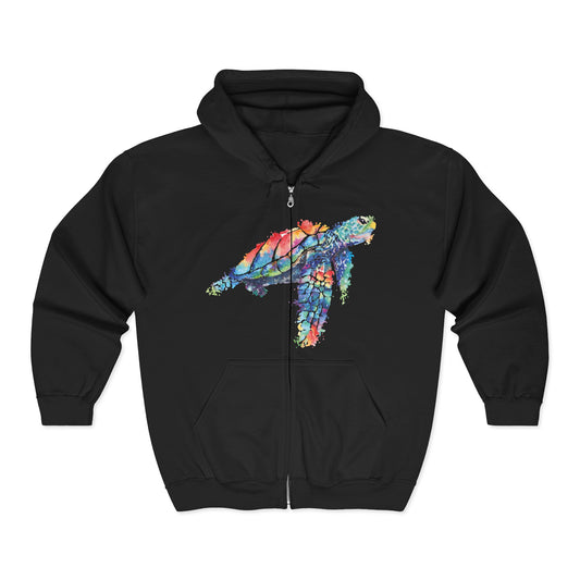Black full zip hoodie with a stylized watercolor turtle graphic design - Island Drops hoodie collection | Unisex zipper hoodie