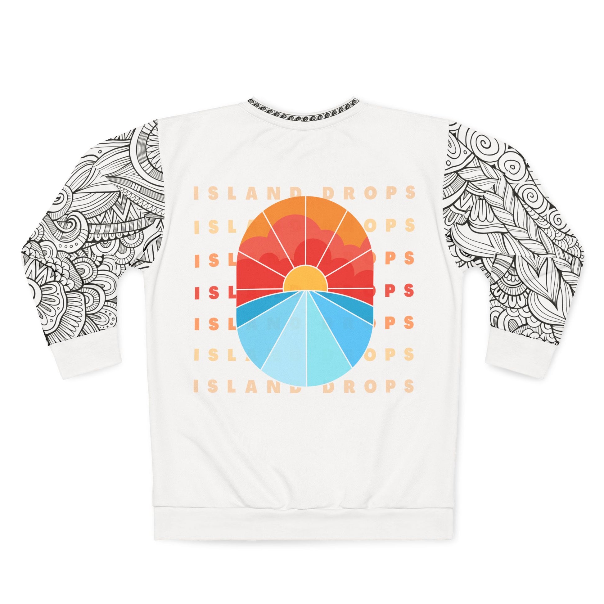 Back of sweatshirt with 'ISLAND DROPS' text behind a graphic sunset and tribal tattoo sleeve pattern - Island Drops long sleeve collection | Unisex sweatshirt