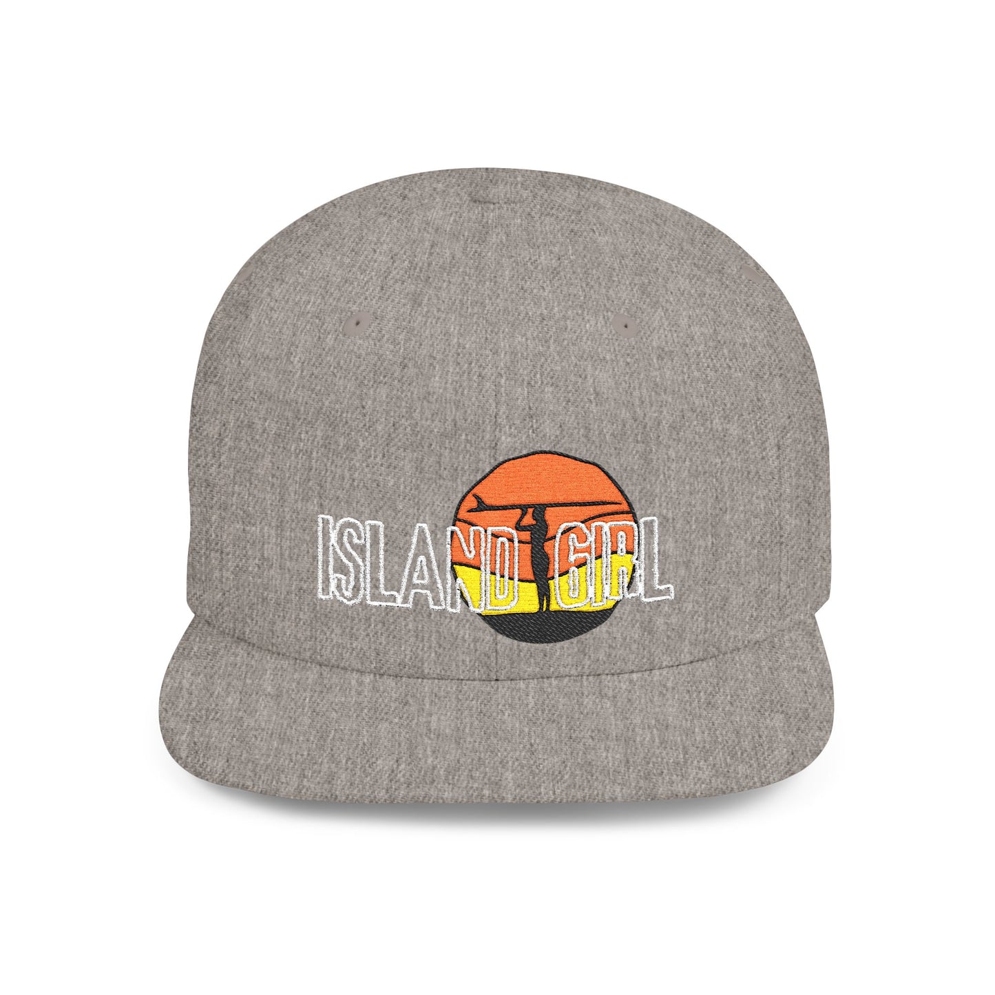 Gray cap with 'ISLAND GIRL' text and a surfer girl and sunset graphic design - Island Drops hat collection | Unisex snapback cap