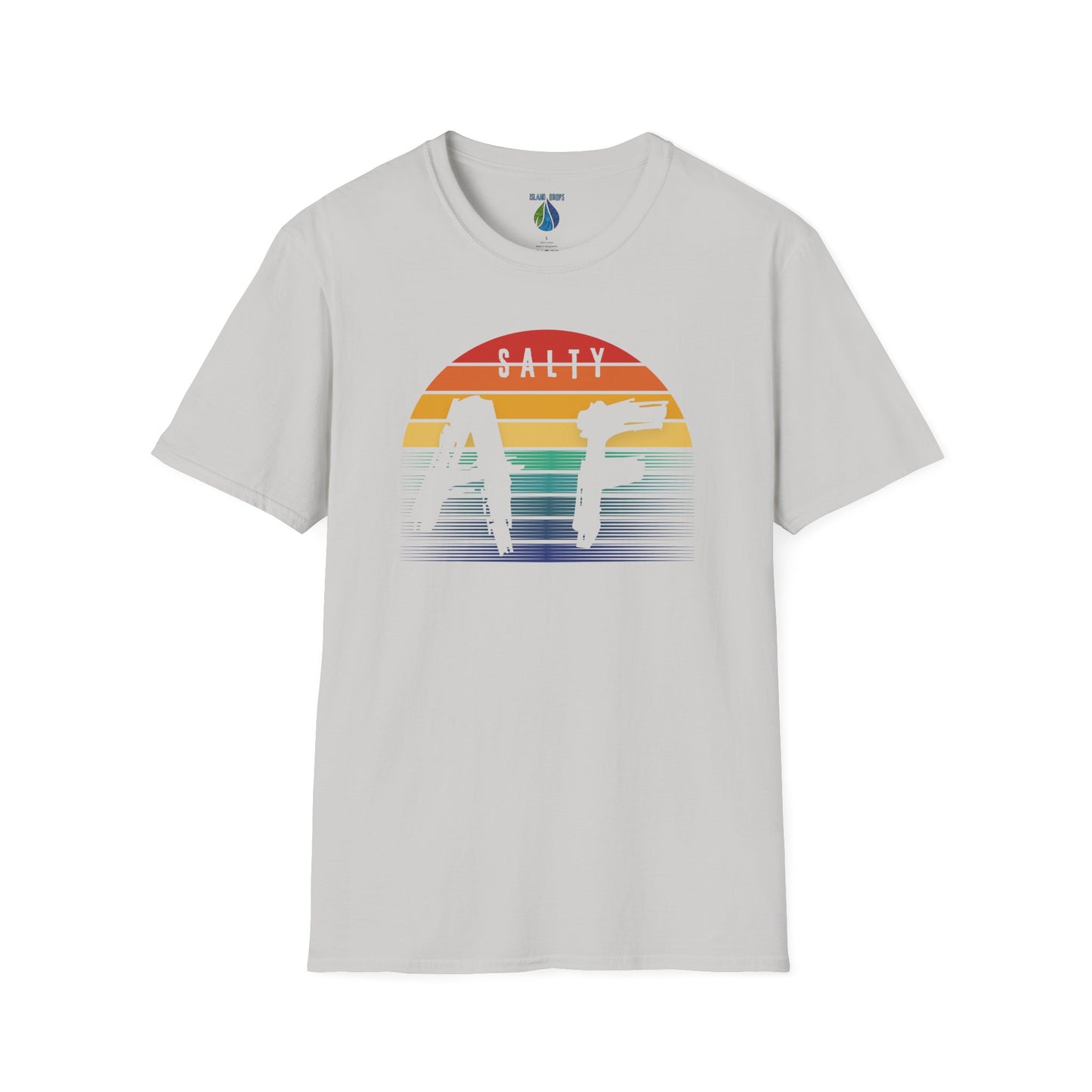 Gray t-shirt with 'SALTY AF', graphic design and rainbow sunset  - Island Drops t-shirt collection | Unisex t-shirts