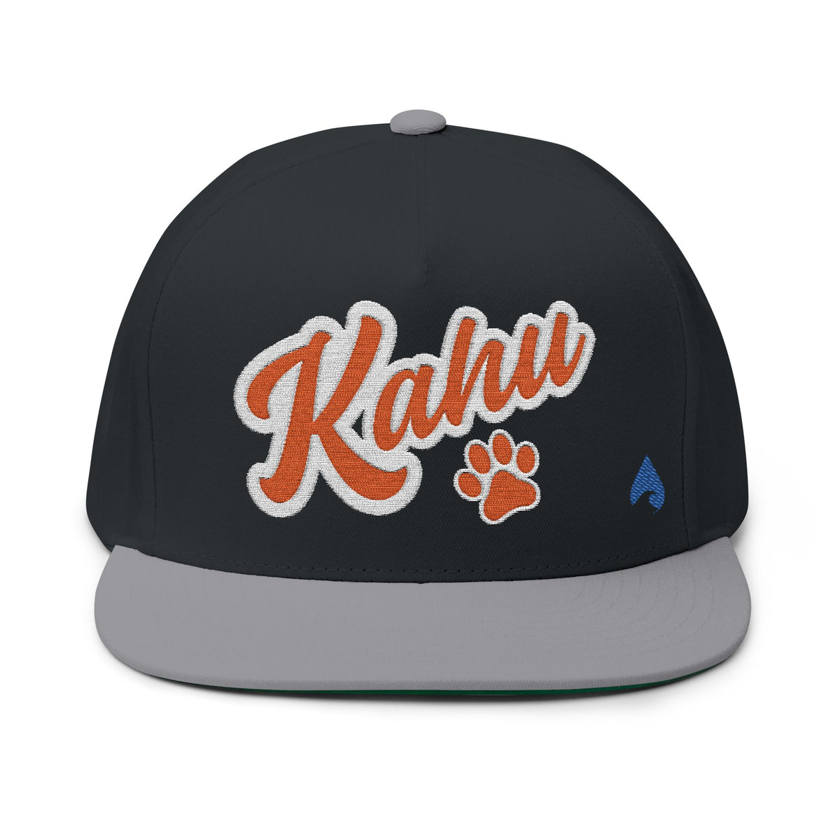 Black and gray Kahu snapback cap with orange embroidered paw logo