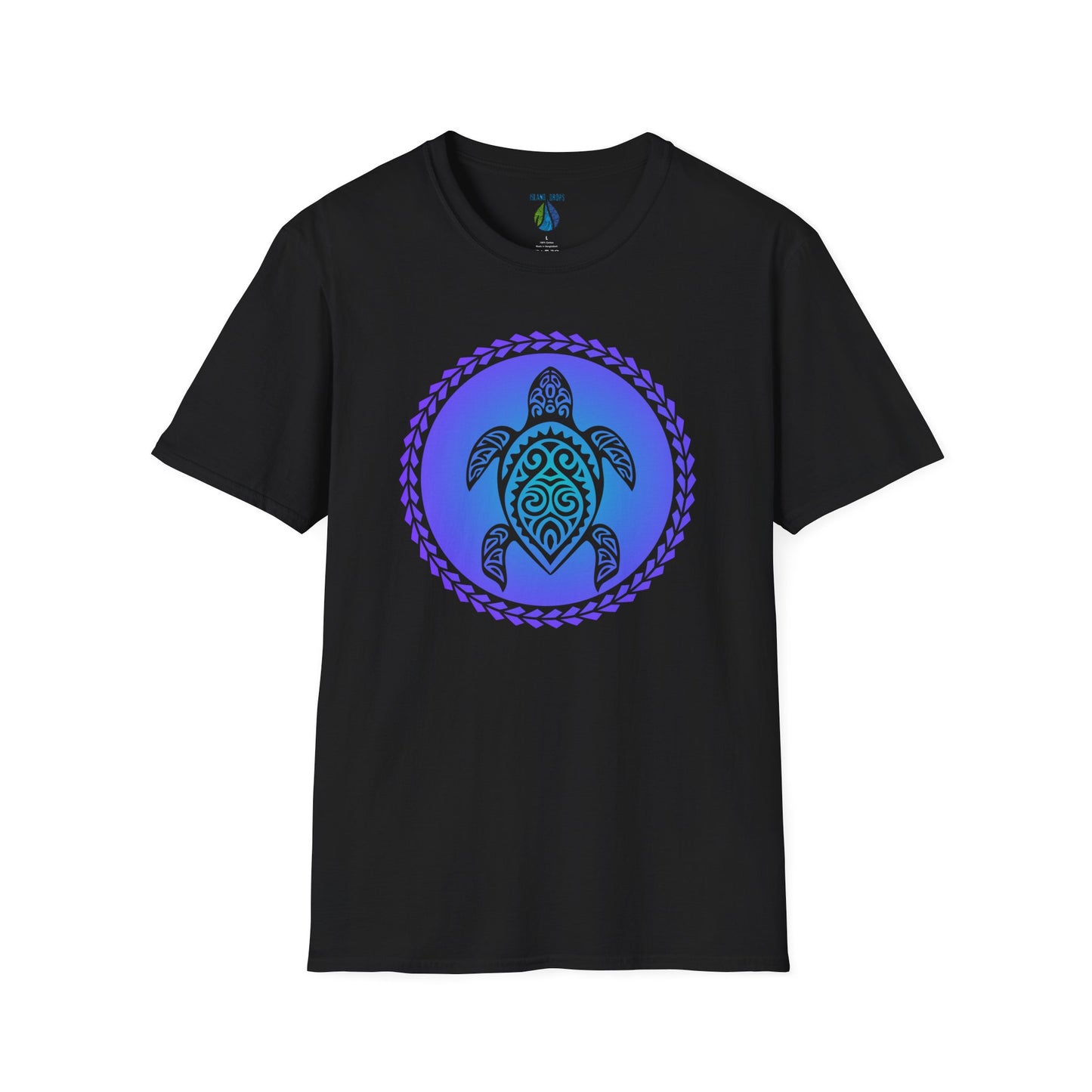 Black t-shirt with a gradient blue turtle graphic design and tribal patterns  - Island Drops t-shirt collection | Unisex t-shirts