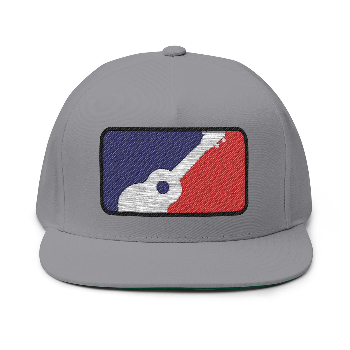 Gray flat-bill snapback cap with red, white, and blue ukulele patch