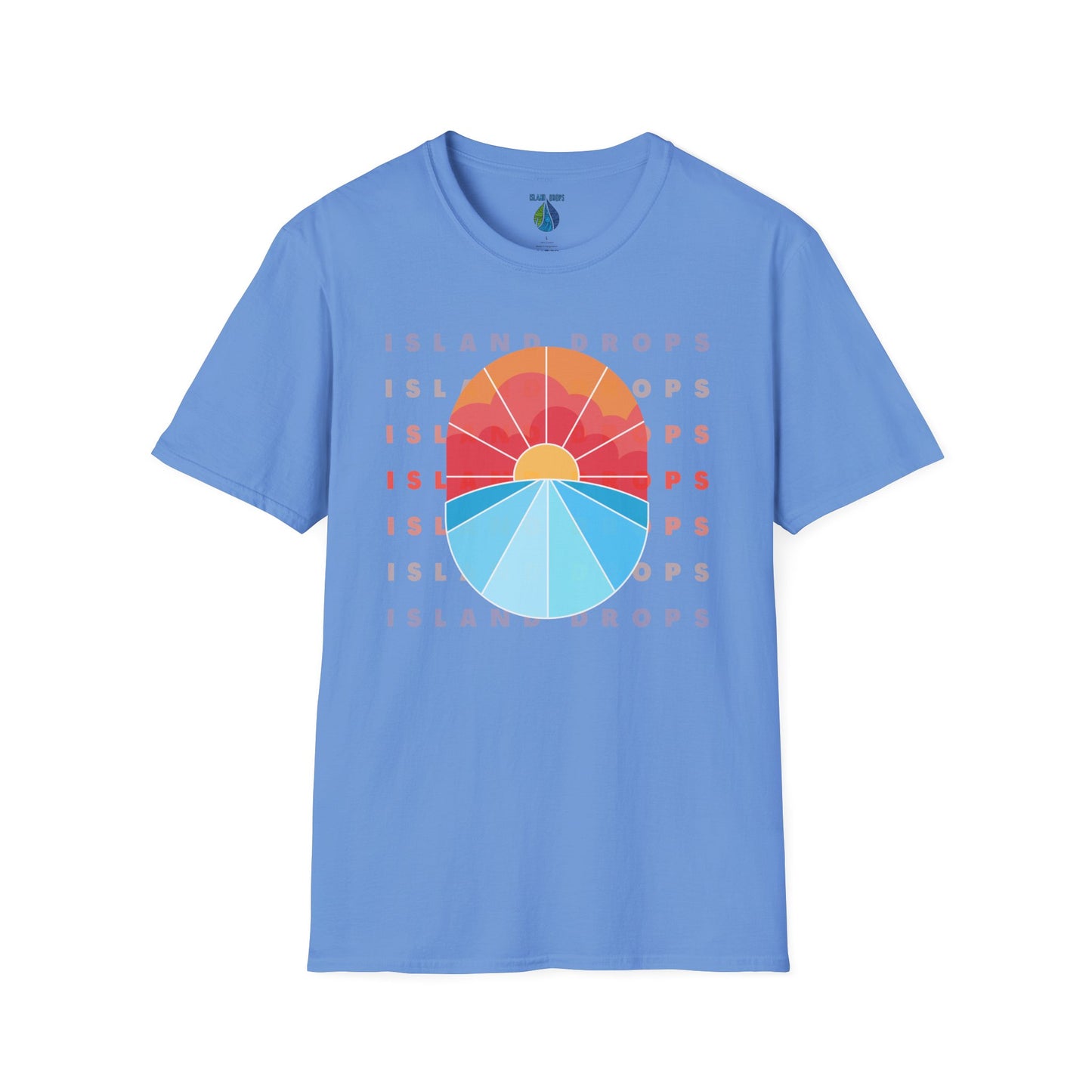 Blue t-shirt  with 'ISLAND DROPS' text behind a graphic sunset - Island Drops t-shirt collection | Unisex t-shirts