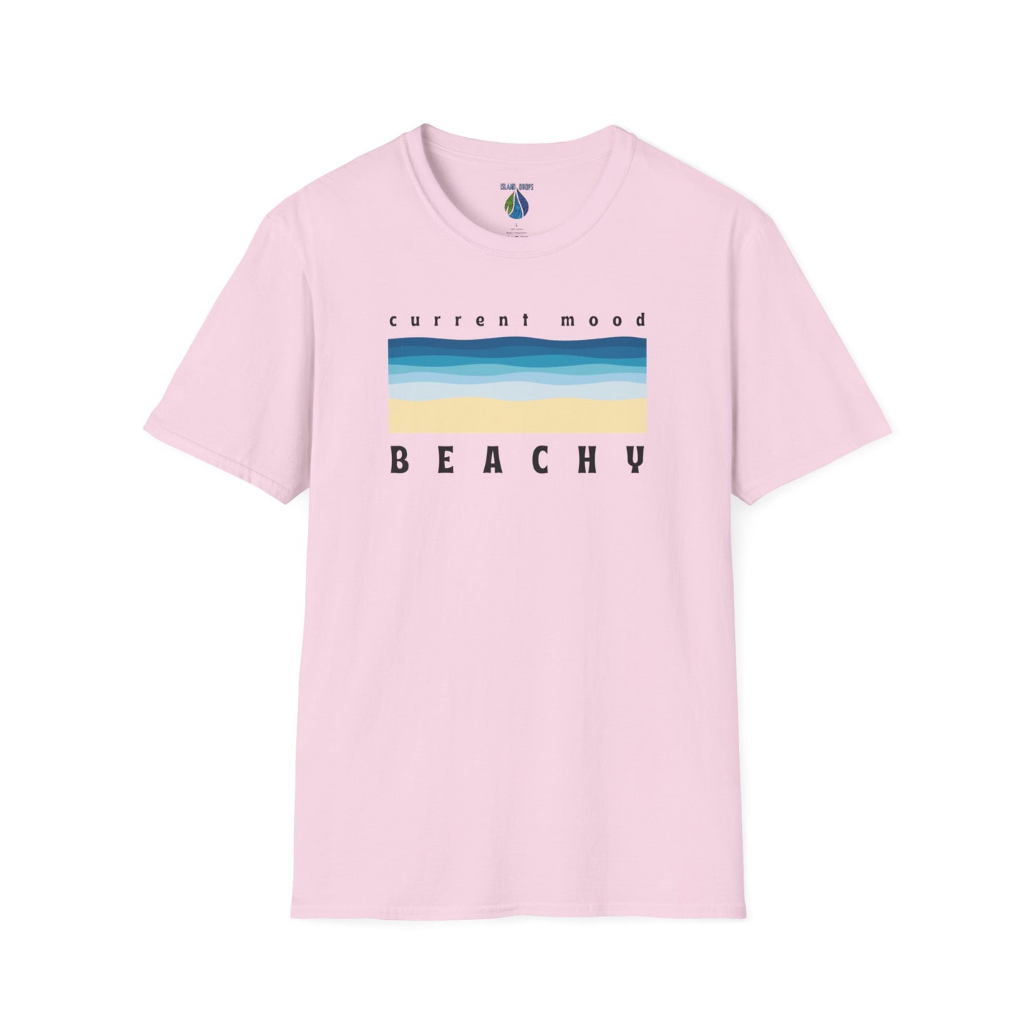Pink t-shirt with 'Current Mood Beachy' design with a stylized beach and ocean graphic design - Island Drops t-shirt collection | Unisex t-shirts