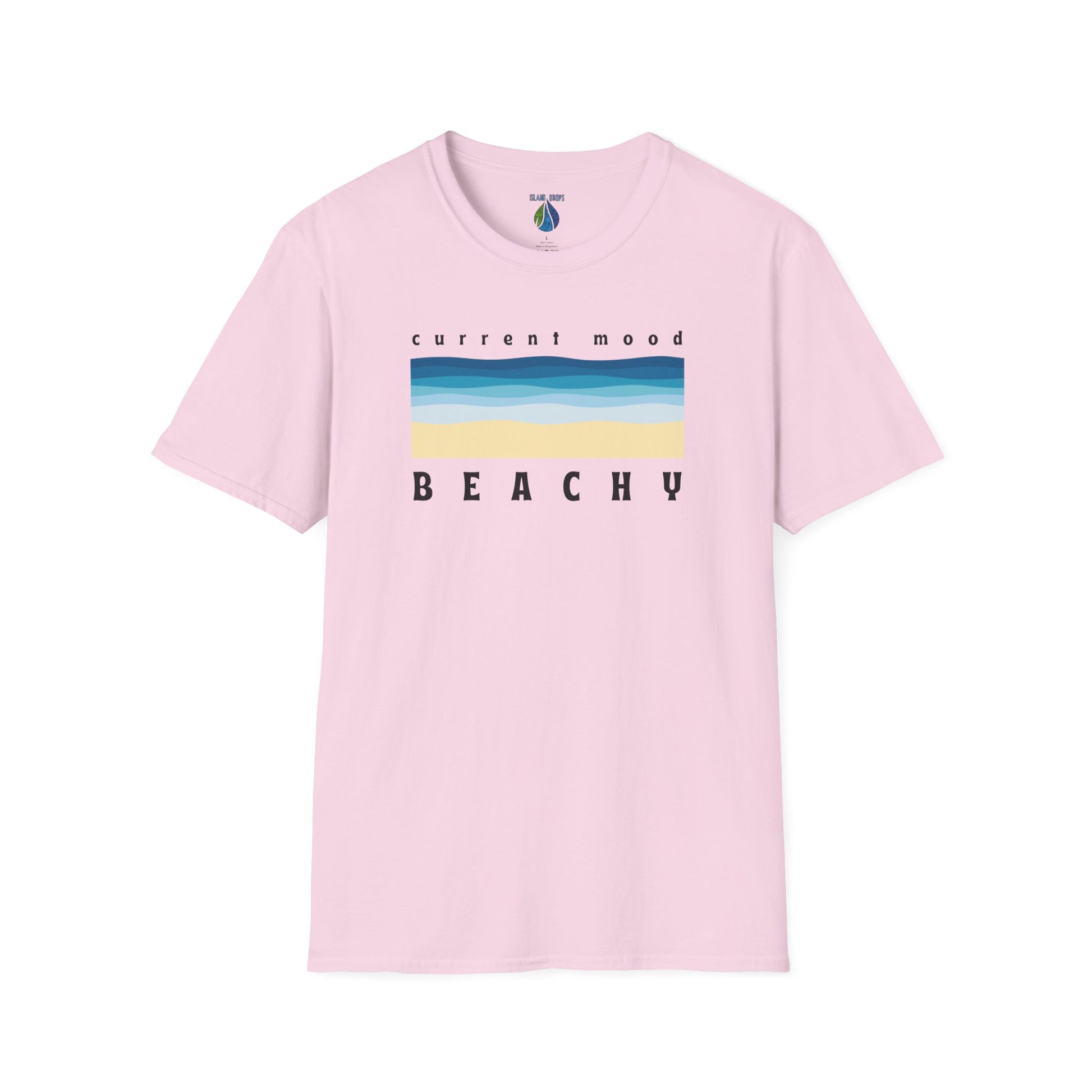 Pink t-shirt with 'Current Mood Beachy' design with a stylized beach and ocean graphic design - Island Drops t-shirt collection | Unisex t-shirts