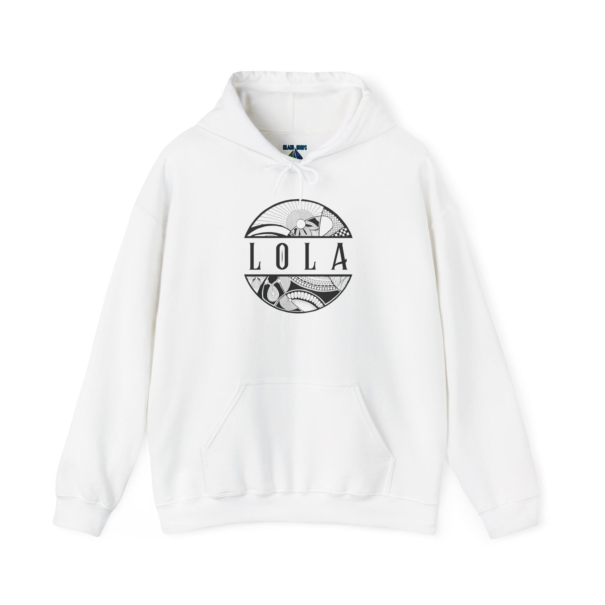 White hoodie with 'LOLA', meaning grandma, graphic design - Island Drops hoodie collection | Unisex pullover