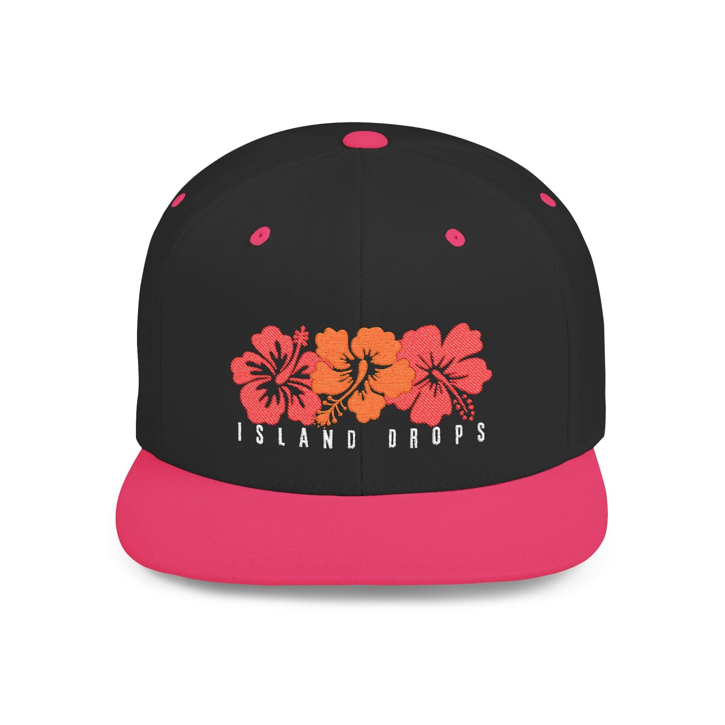 Black and pink hat with 'ISLAND DROPS' text and hibiscus graphic design - Island Drops hat collection | Unisex snapback cap