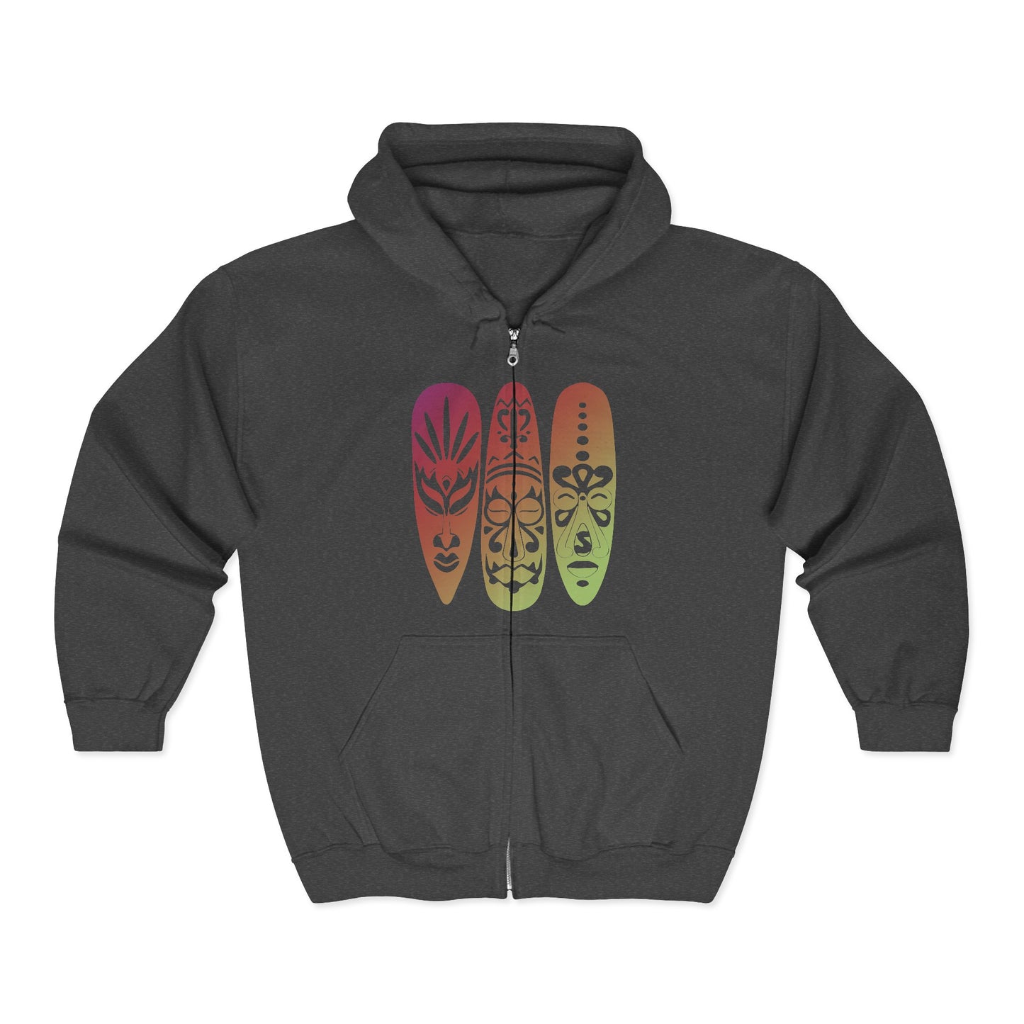 Dark gray full zip hoodie with tribal mask graphic design - Island Drops hoodie collection | Unisex zipper hoodie