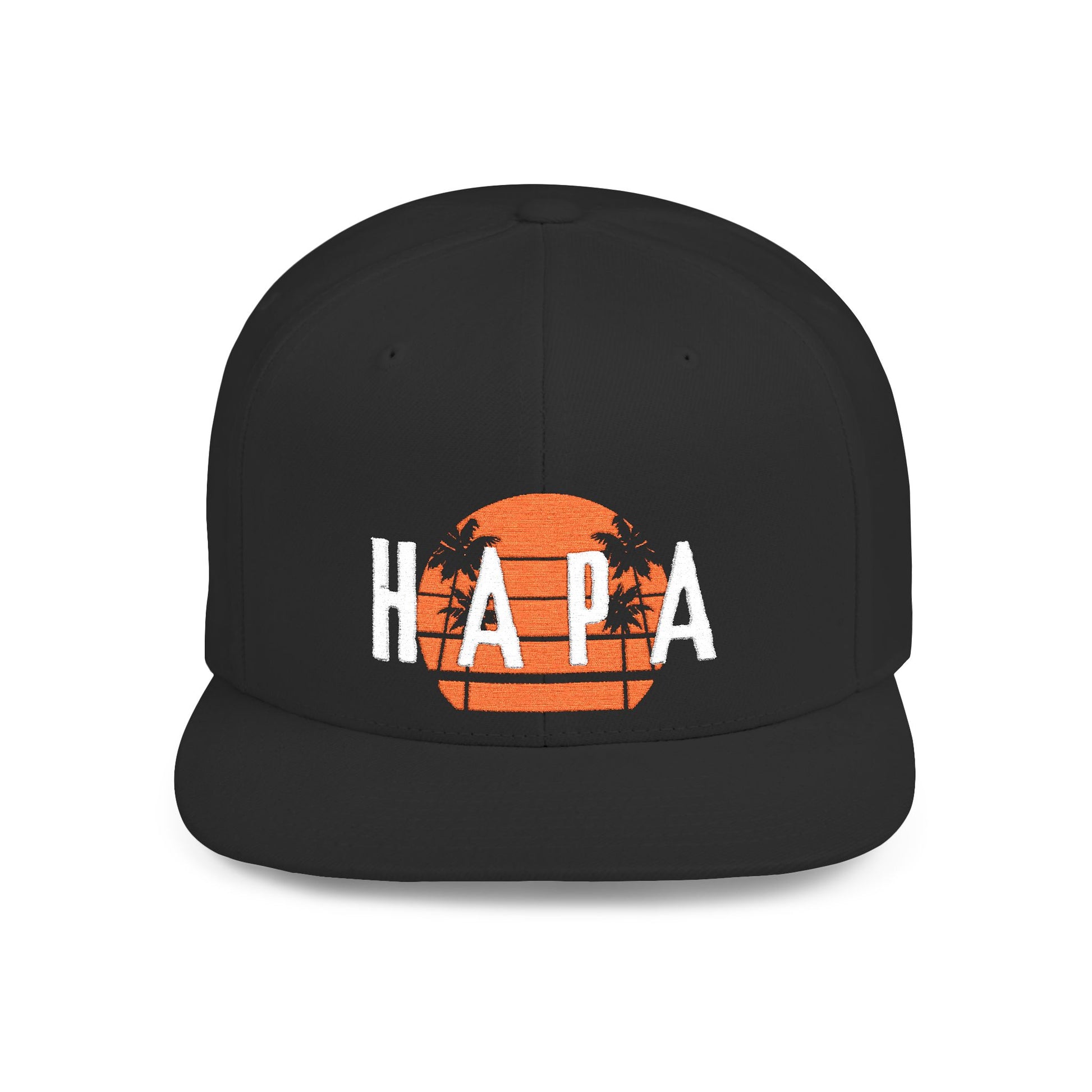 Black 'HAPA' hat with stylized sunset graphic design - Island Drops hat collection | Unisex snapback cap