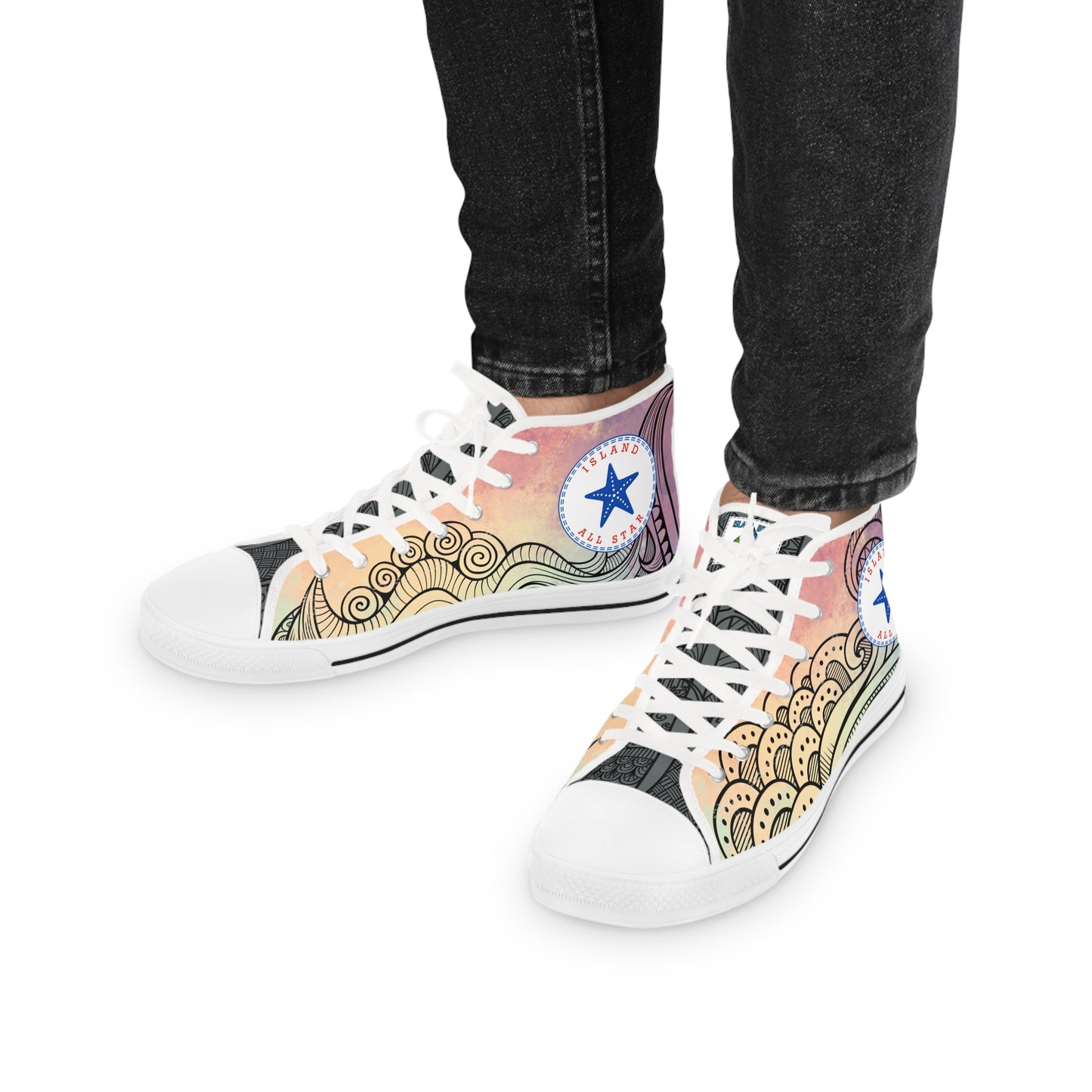 Red, orange, yellow colorful high-top sneakers with tribal tattoo graphic design, white soles - Island Drops shoes collection | Unisex High top shoes