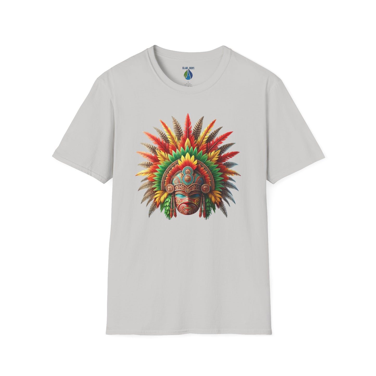 Gray t-shirt with a colorful traditional Hawaiian headdress graphic design - Island Drops t-shirt collection | Unisex t-shirt