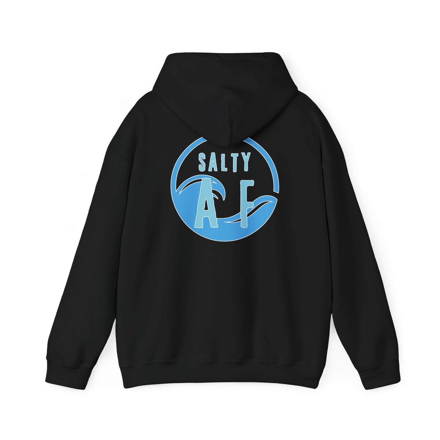 Black hoodie with 'SALTY AF' text graphic design on the back - Island Drops hoodie collection | Unisex pullover