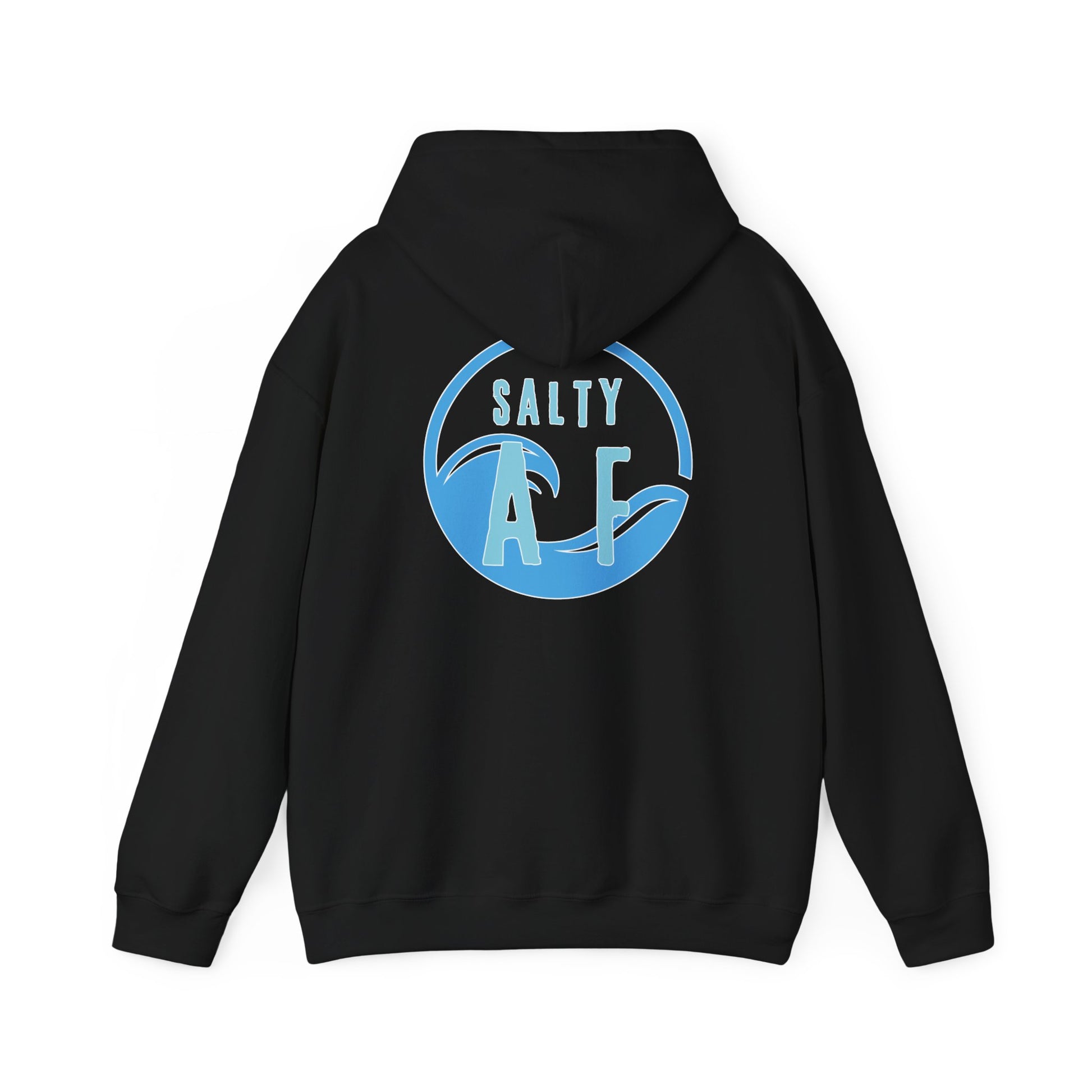 Black hoodie with 'SALTY AF' text graphic design on the back - Island Drops hoodie collection | Unisex pullover