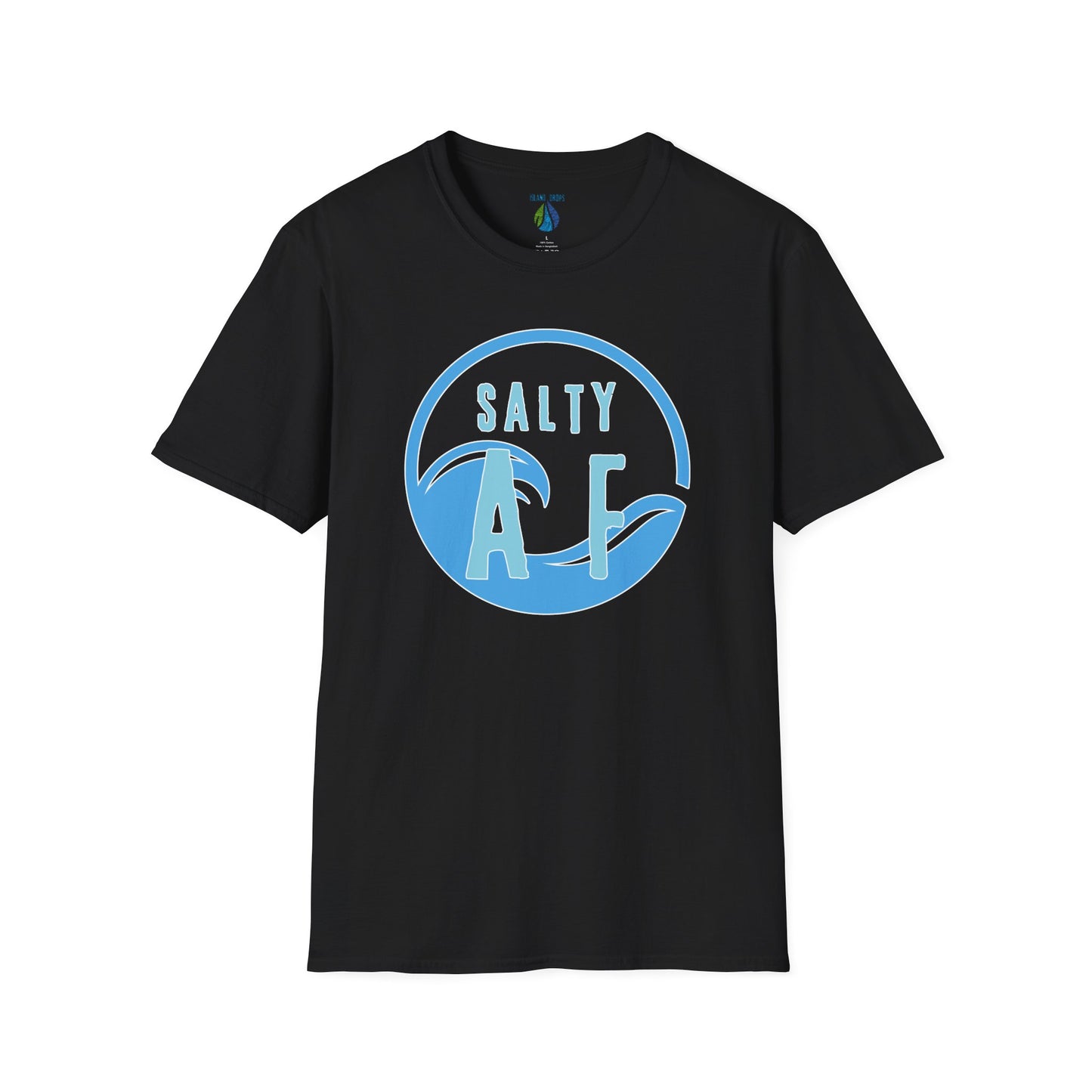 Black t-shirt  with 'SALTY AF' text and stylized ocean graphic design - Island Drops t-shirt collection | Unisex t-shirts