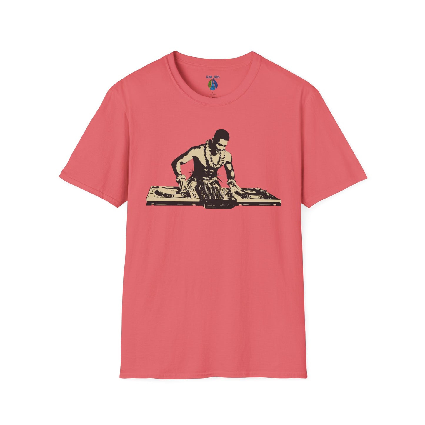 Red t-shirt with a Hula DJ graphic design  - Island Drops t-shirt collection | Unisex t-shirt