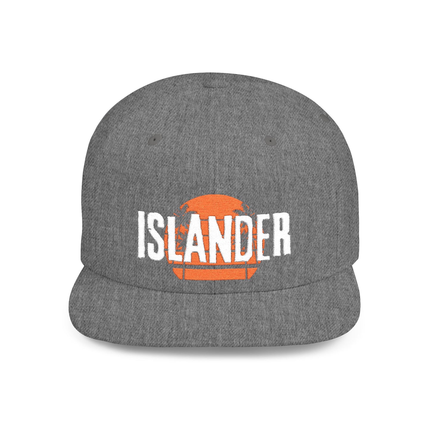 Gray cap with 'ISLANDER' text with stylized sunset graphic design - Island Drops hat collection | Unisex snapback cap