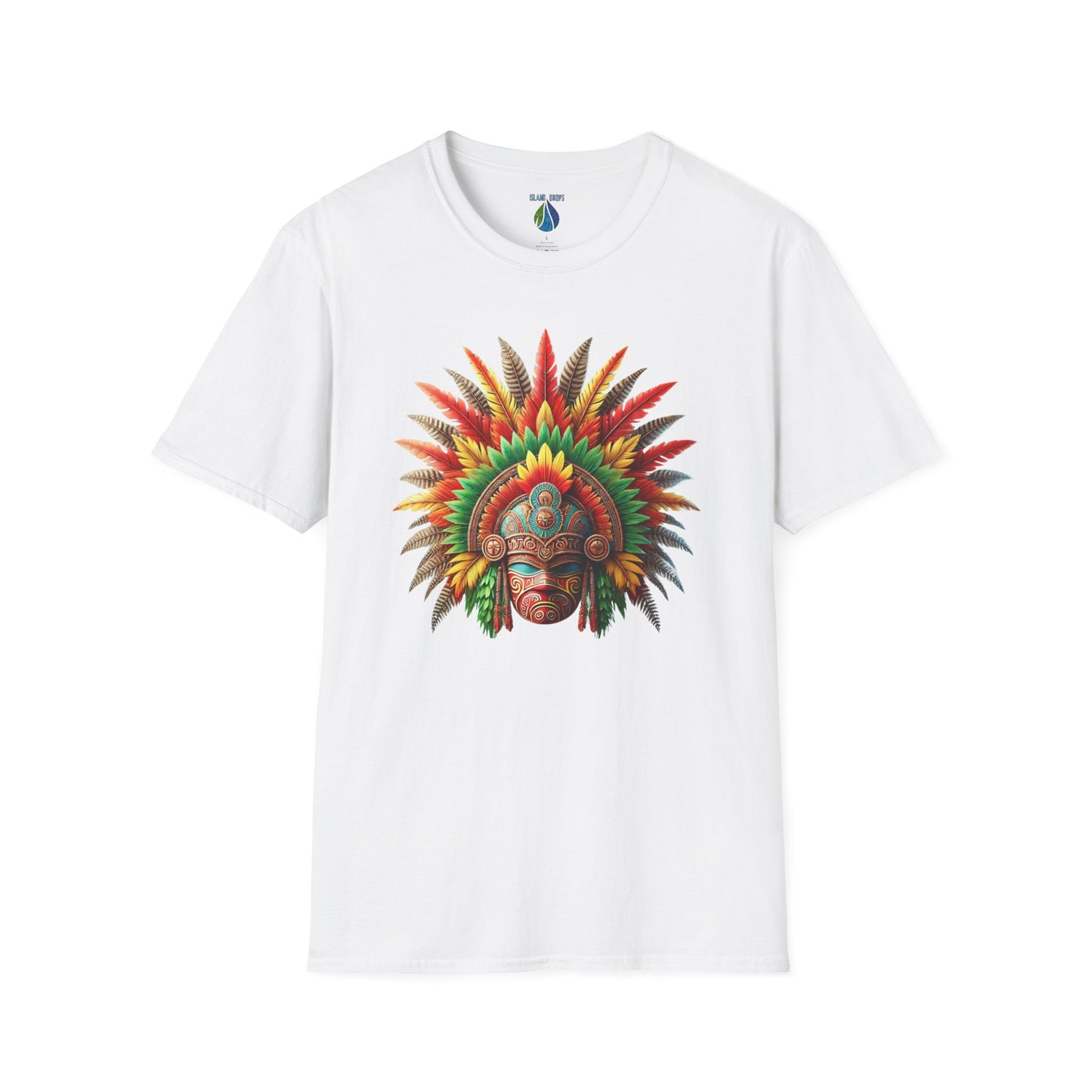 White t-shirt with a colorful traditional Hawaiian headdress graphic design - Island Drops t-shirt collection | Unisex t-shirt