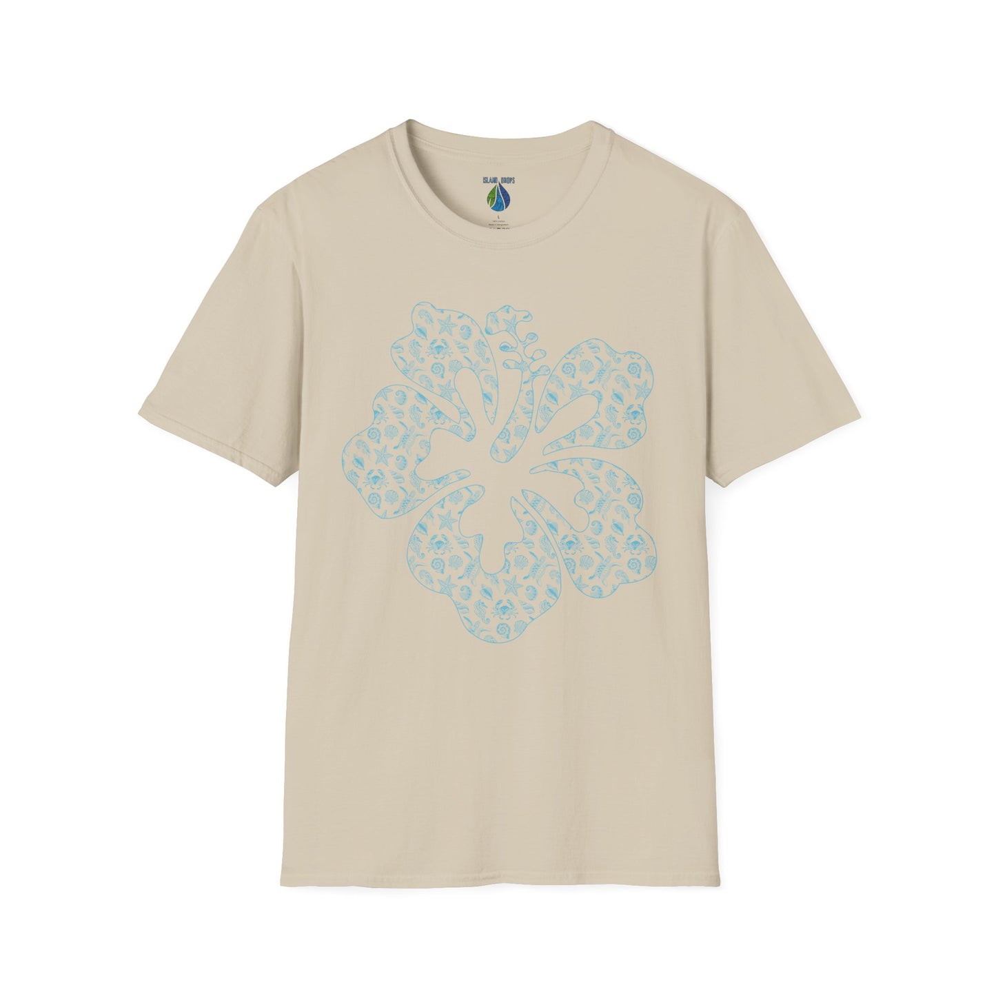 Beige t-shirt with a stylized hibiscus graphic design - Island Drops t-shirt collection | Unisex t-shirt