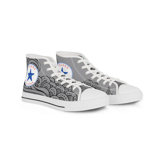 Gray and white High-top sneakers with tribal tattoo graphic design - Island Drops shoes collection | Unisex High top shoes