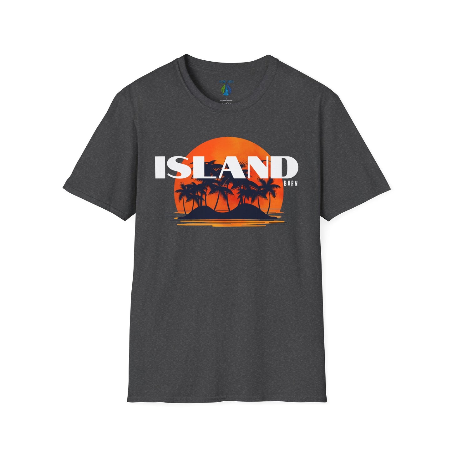 Dark gray t-shirt with 'ISLAND BORN' graphic design with sunset and palm trees on an island - Island Drops t-shirt collection | Unisex t-shirts