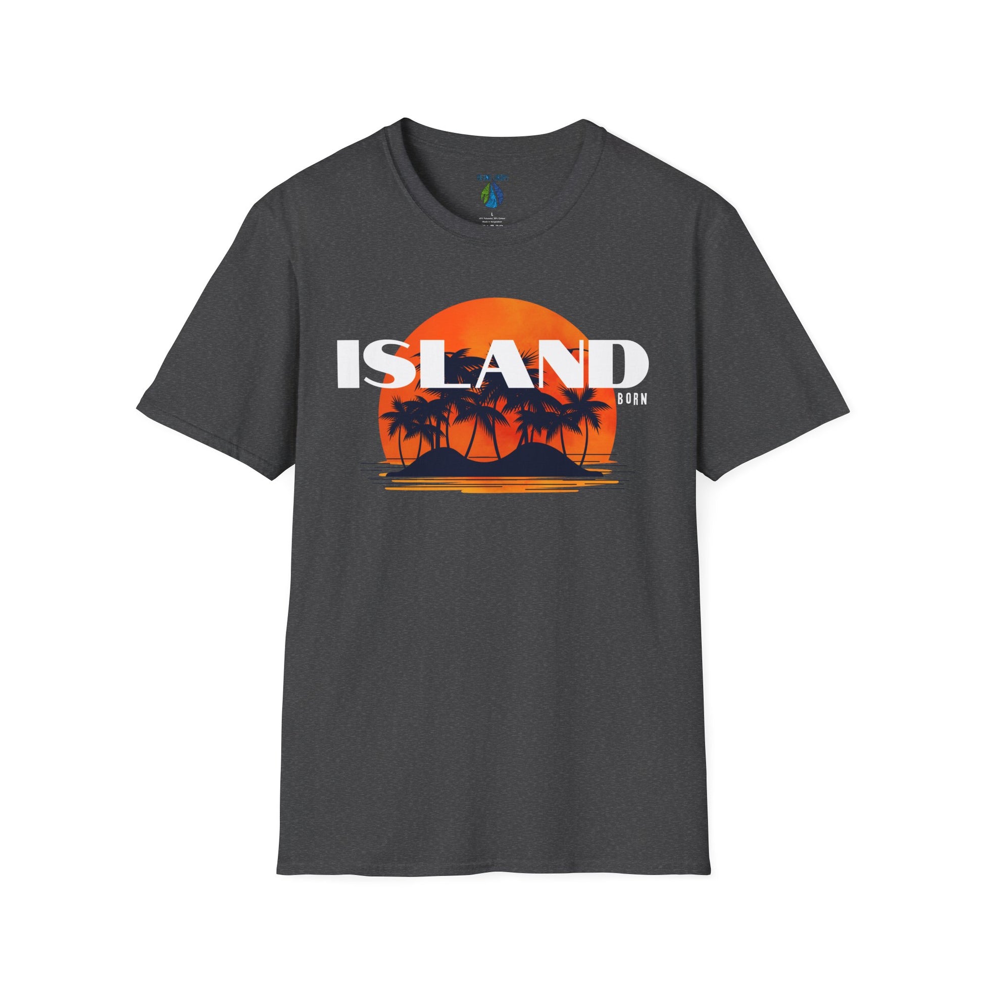 Dark gray t-shirt with 'ISLAND BORN' graphic design with sunset and palm trees on an island - Island Drops t-shirt collection | Unisex t-shirts