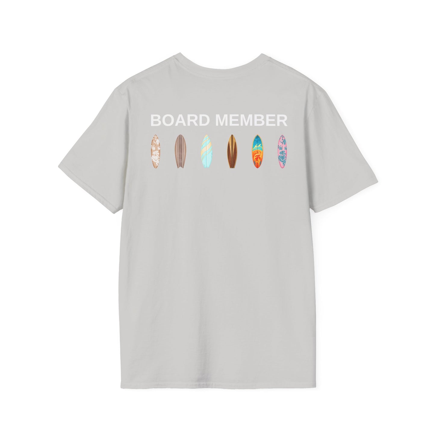 Gray t-shirt with 'BOARD MEMBER' text and colorful surfboard icons on the back - Island Drops t-shirt collection | Unisex t-shirts
