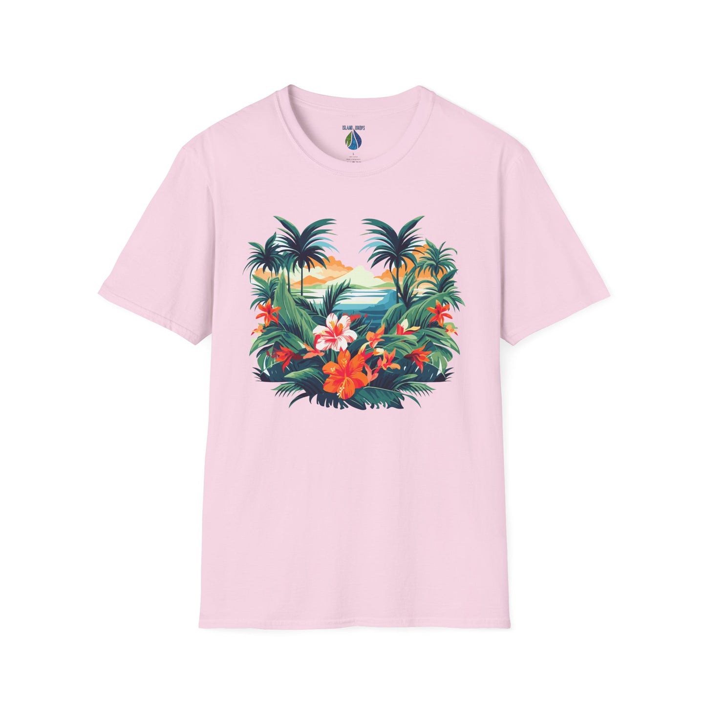 Pink t-shirt with floral beach graphic design - Island Drops t-shirt collection | Unisex t-shirt