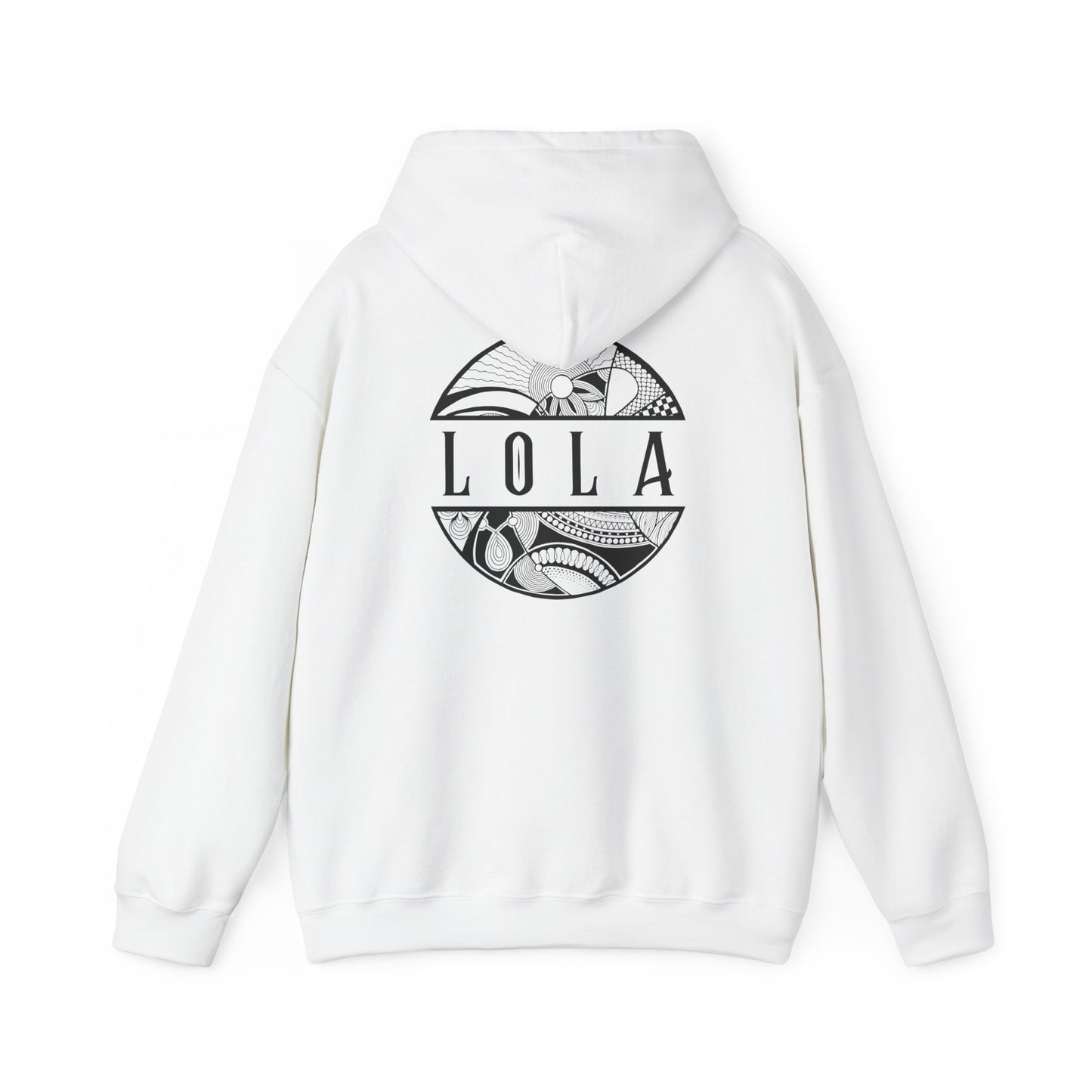 White hoodie with 'LOLA', meaning grandma, graphic design on the back - Island Drops hoodie collection | Unisex pullover