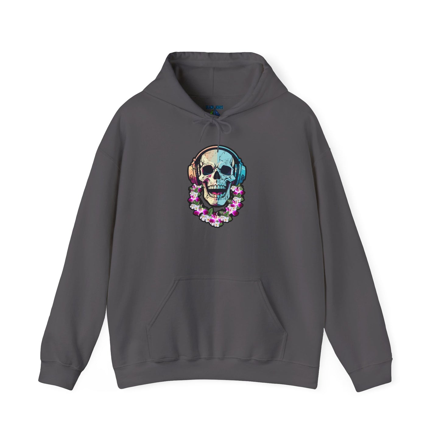 Gray hoodie with a colorful skull DJ with headphones and wearing a lei graphic design  - Island Drops hoodie collection | Unisex pullover