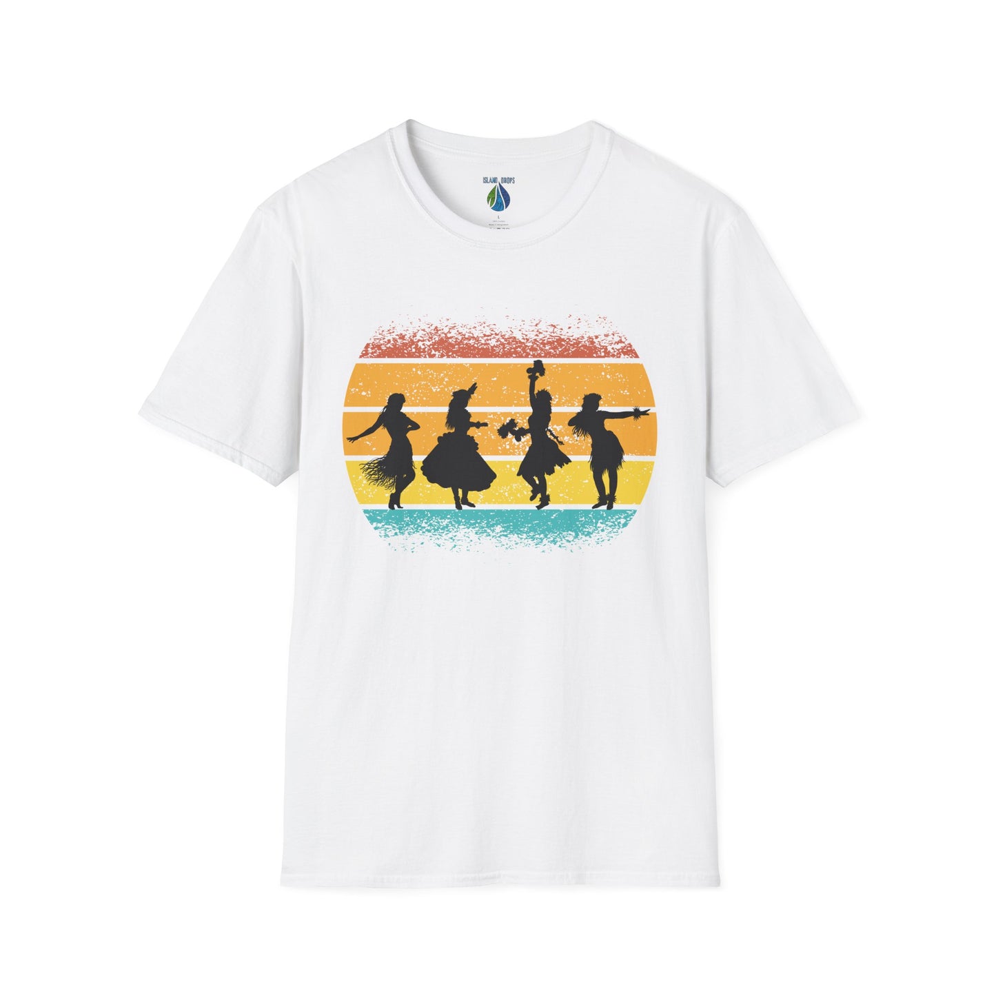 White t-shirt with a graphic design of female hula dancers against a sunset background - Island Drops t-shirt collection | Unisex t-shirt