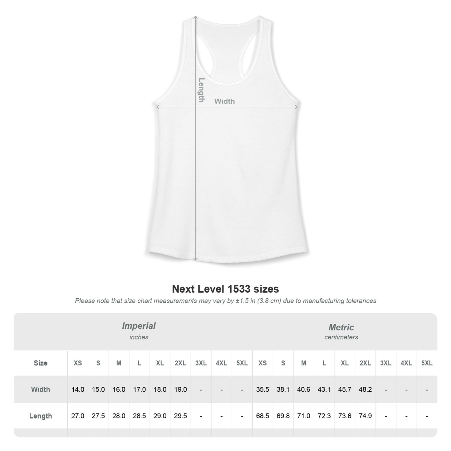 White tank top with measurement lines and size chart on a white background