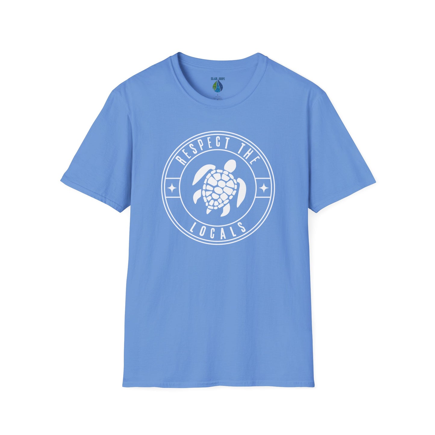 Blue t-shirt  with 'RESPECT THE LOCALS' text and stylized turtle graphic design - Island Drops t-shirt collection | Unisex t-shirts