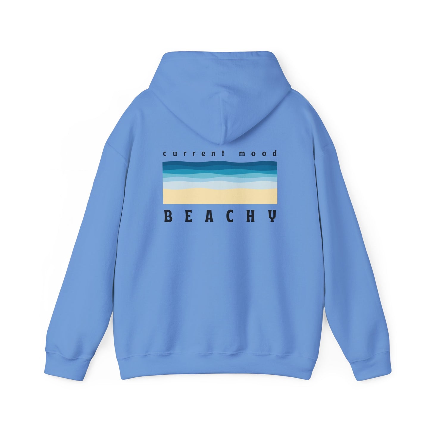 Light blue hoodie with a stylized beach graphic with 'MOOD:  BEACHY' text - Island Drops hoodie collection | Unisex pullover
