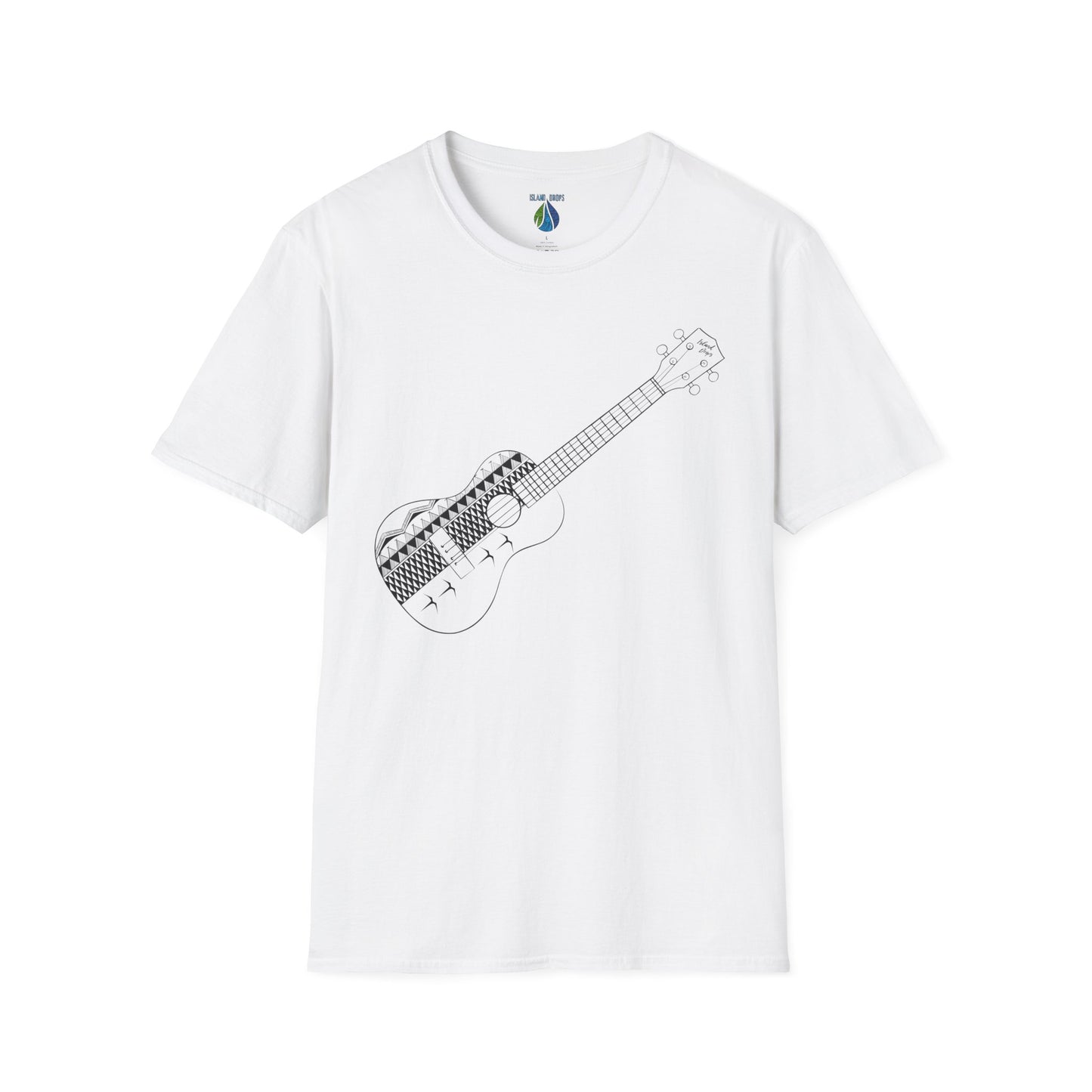 White t-shirt  with a ukulele graphic design - Island Drops t-shirt collection | Unisex t-shirts