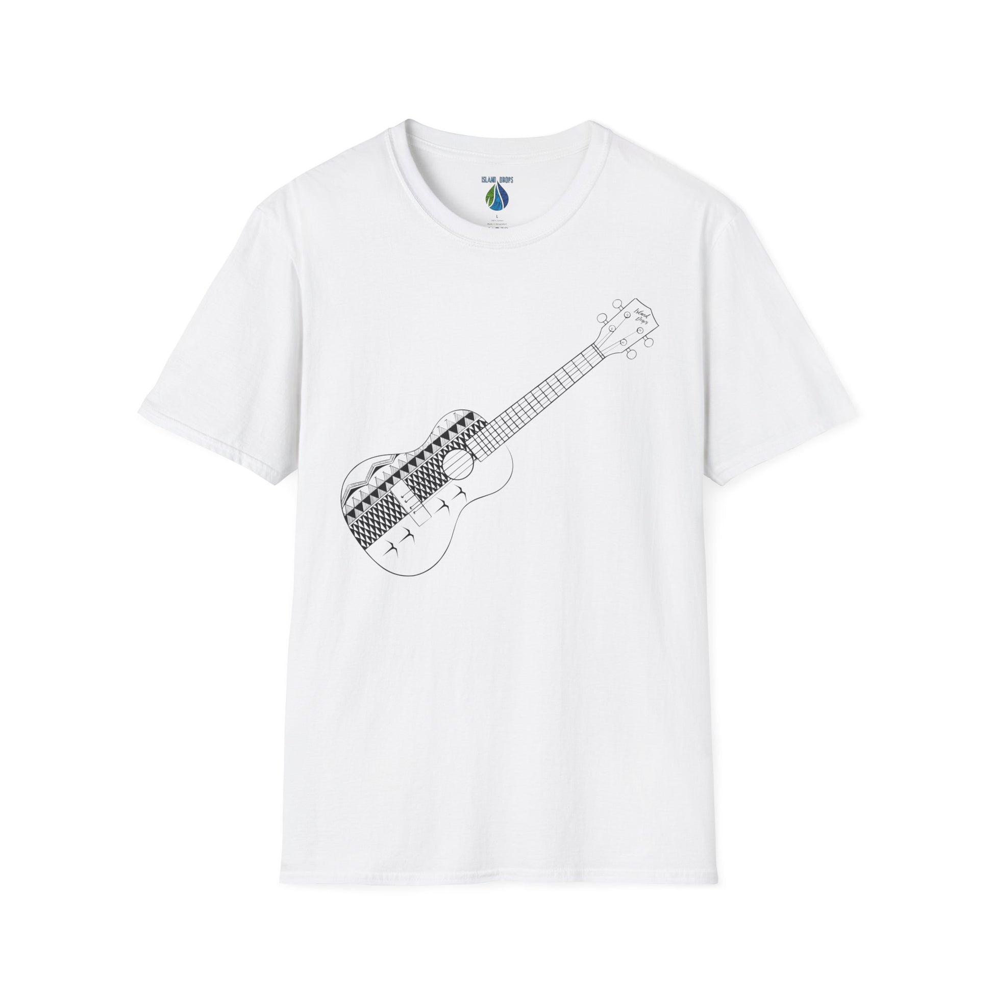 White t-shirt  with a ukulele graphic design - Island Drops t-shirt collection | Unisex t-shirts