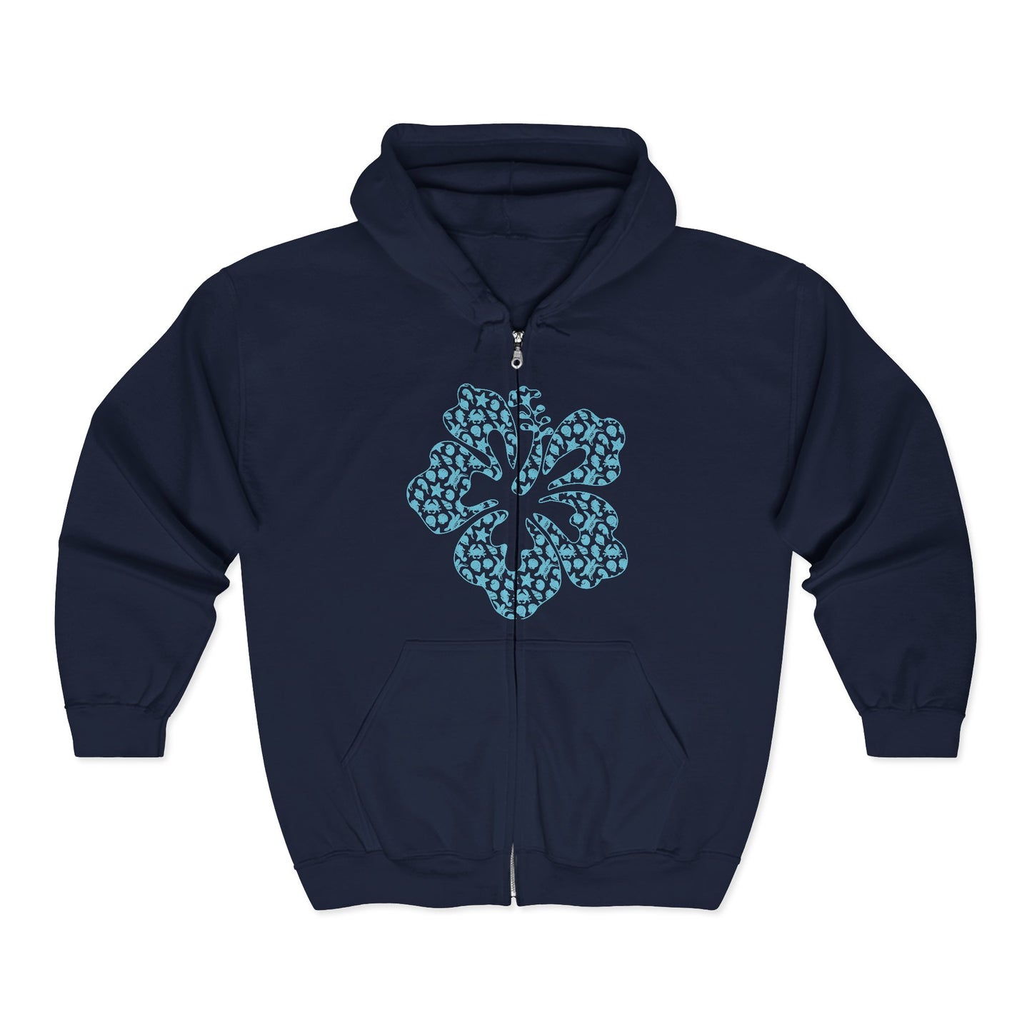 Navy blue full zip hoodie with a stylized hibiscus graphic design - Island Drops hoodie collection | Unisex zipper hoodie
