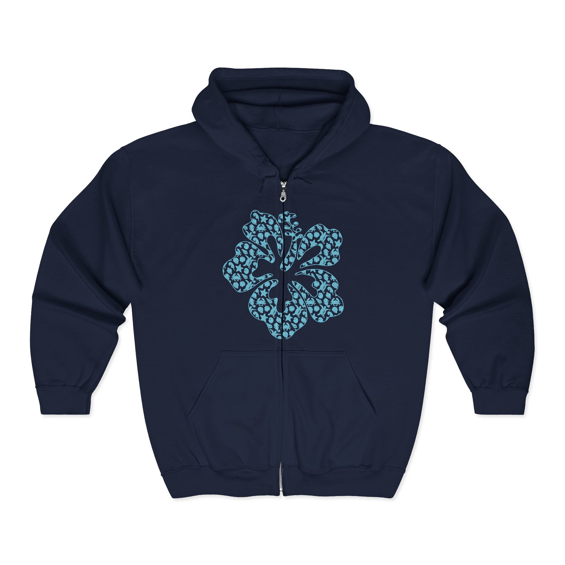 Navy blue full zip hoodie with a stylized hibiscus graphic design - Island Drops hoodie collection | Unisex zipper hoodie