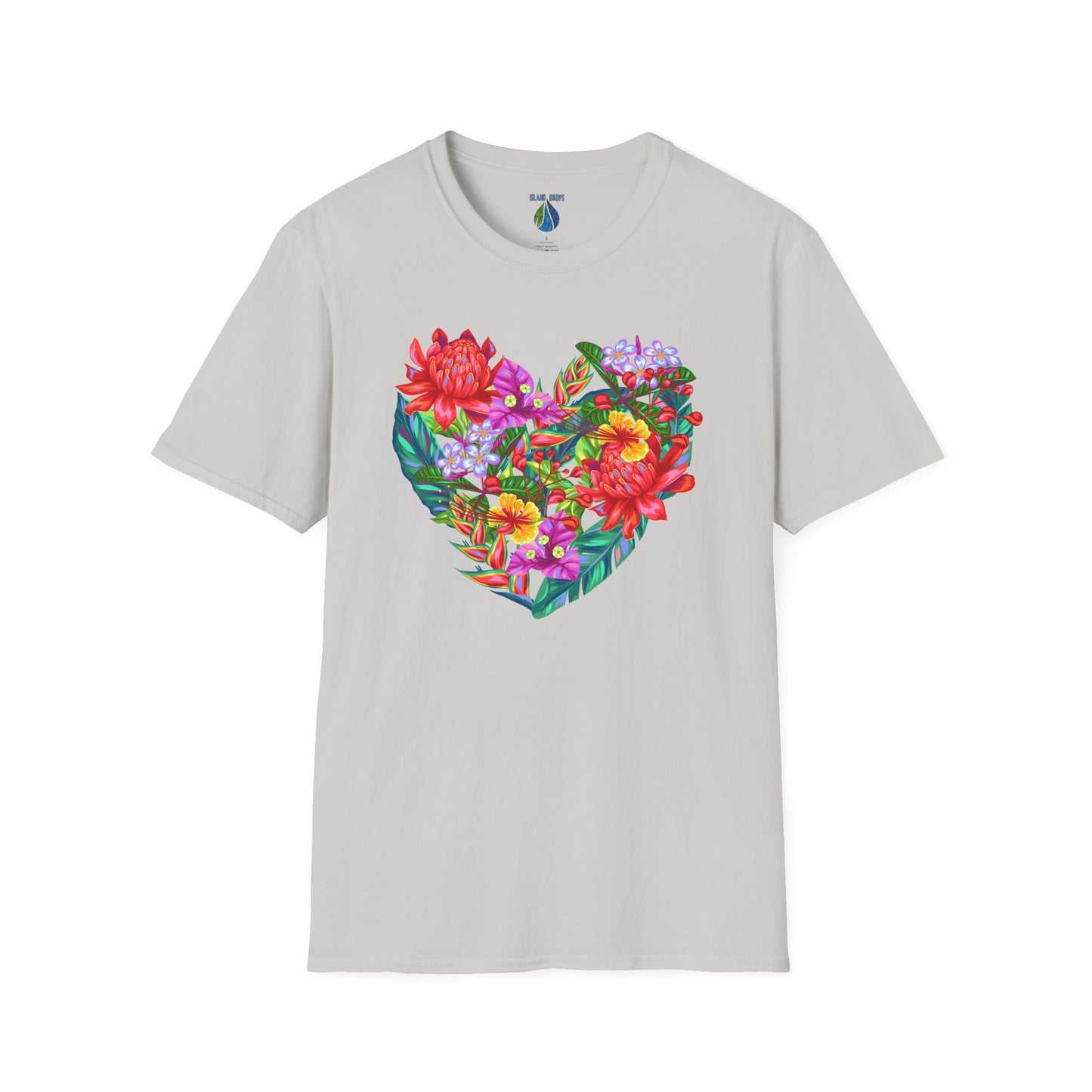 Gray t-shirt with floral heart graphic design - Island Drops t-shirt collection | Unisex t-shirts