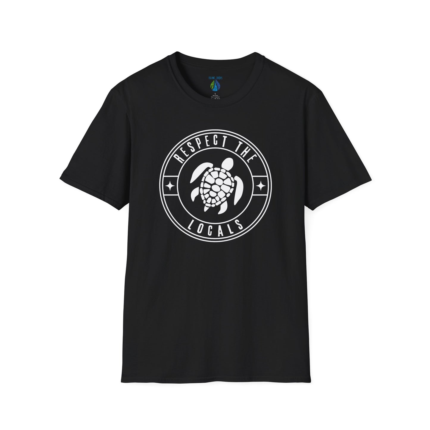 Black t-shirt  with 'RESPECT THE LOCALS' text and stylized turtle graphic design - Island Drops t-shirt collection | Unisex t-shirts